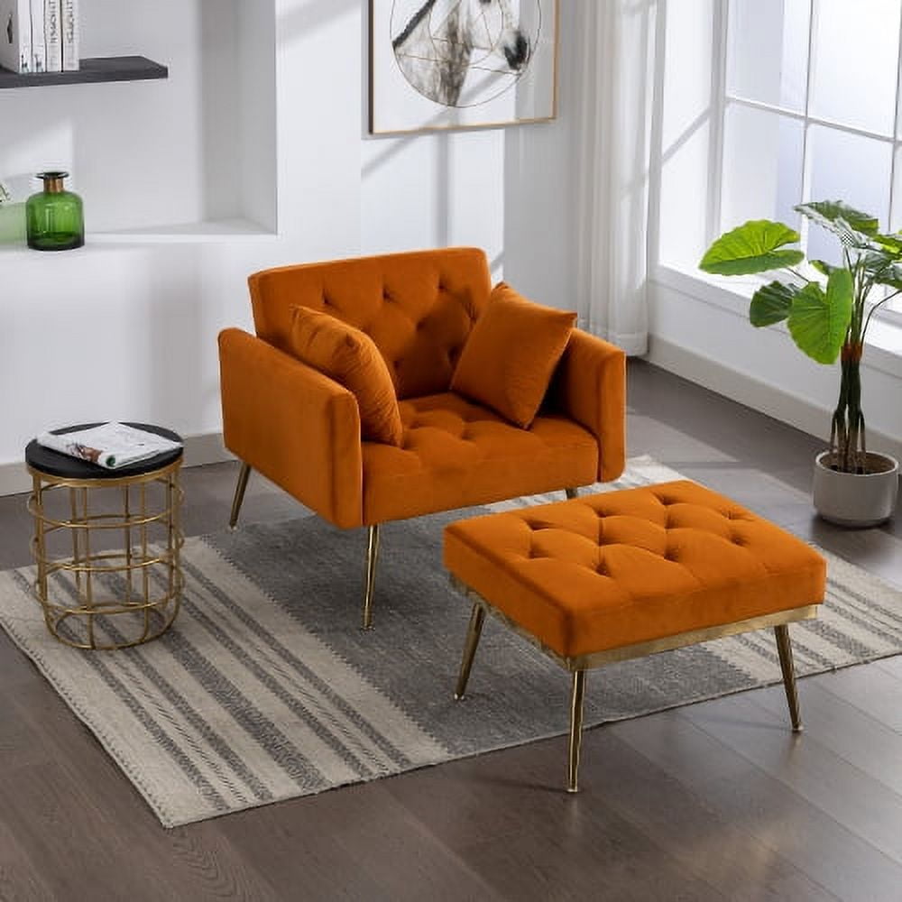 BSHTI 36.61'' Wide Modern Accent Chair With 3 Positions Adjustable Backrest, Tufted Chaise Lounge Chair, Single Recliner Armchair With Ottoman And Gold Legs For Living Room, Bedroom (Orange)