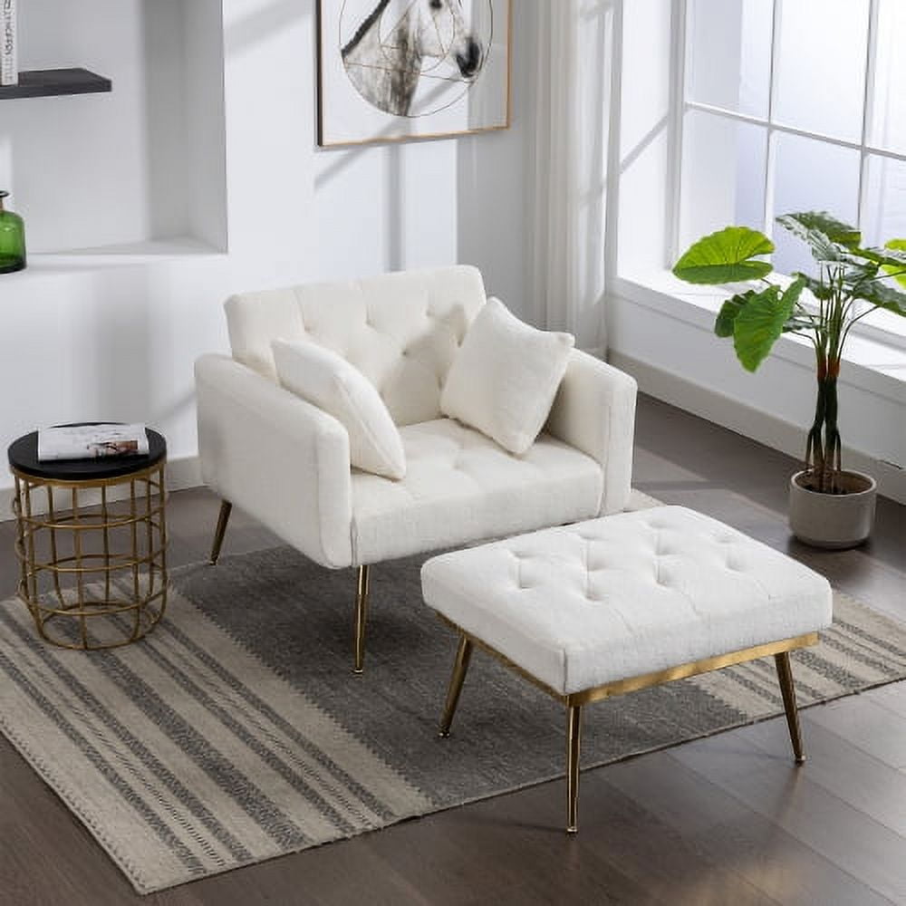 BSHTI 36.61'' Wide Modern Accent Chair With 3 Positions Adjustable Backrest, Tufted Chaise Lounge Chair, Single Recliner Armchair With Ottoman And Gold Legs For Living Room, Bedroom (White)