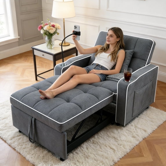 BSHTI 37.2" Convertible Pull-Out Sleeper Chair – with 3 Adjustable Angles, Velvet Upholstery, Side Pocket Storage, Solid Wood Frame,Dark Gray