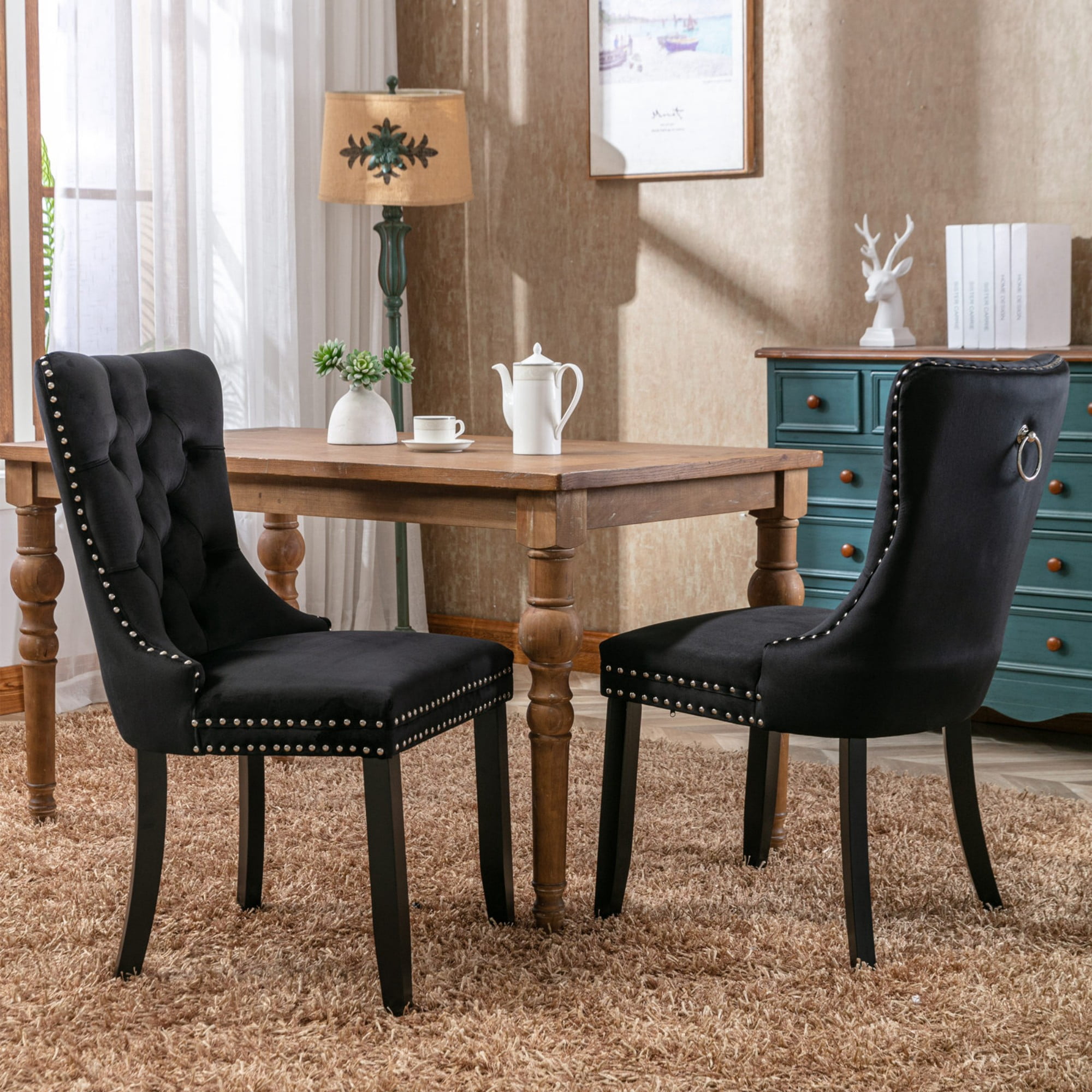 BSHTI 37.5" Velvet Upholstered Contemporary Dining Chairs Set of 2, Tufted Parson Wingback Chair with Nailhead Trim for Kitchen Dining Room(Black)