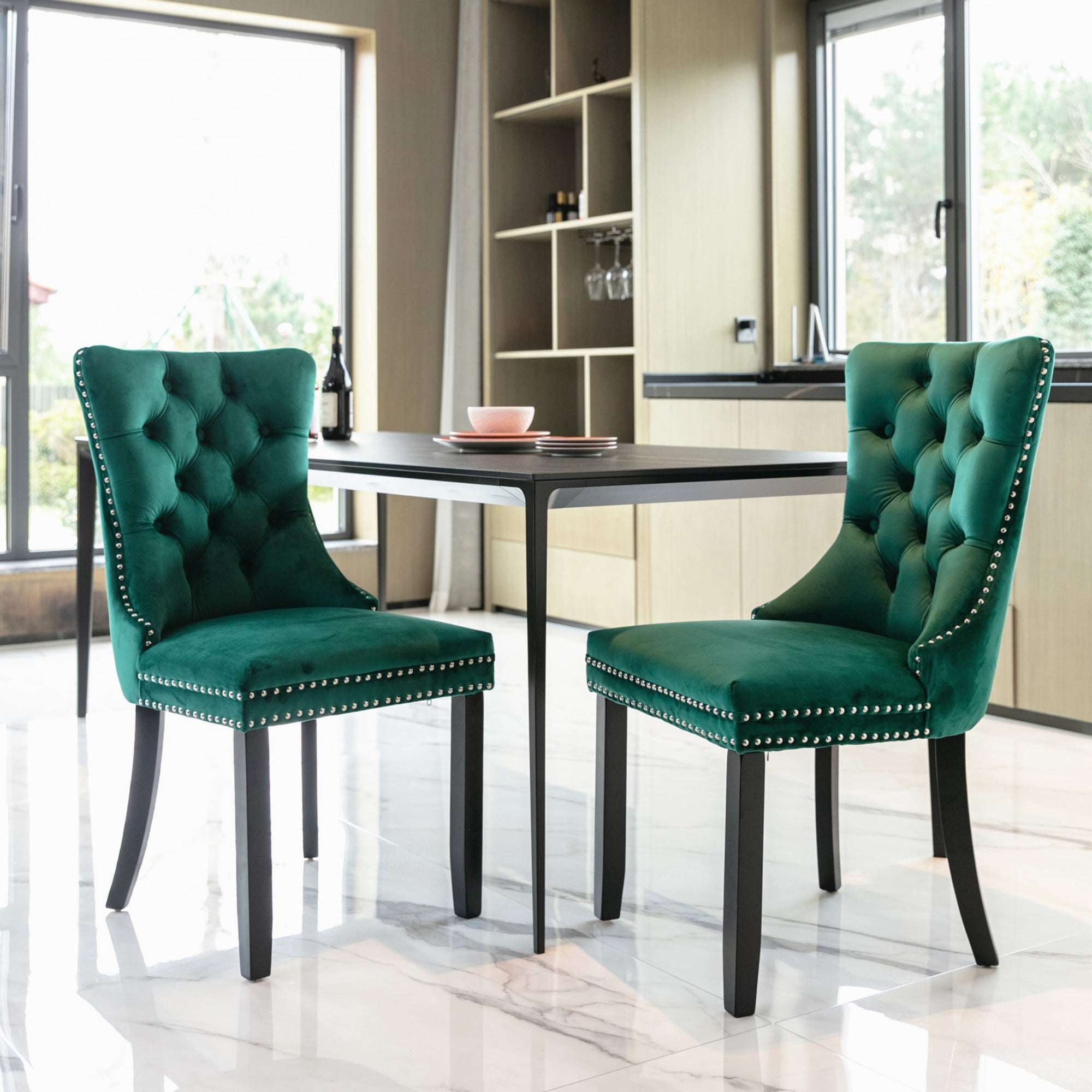 BSHTI 37.5" Velvet Upholstered Contemporary Dining Chairs Set of 2, Tufted Parson Wingback Chair with Nailhead Trim for Kitchen Dining Room(Green)