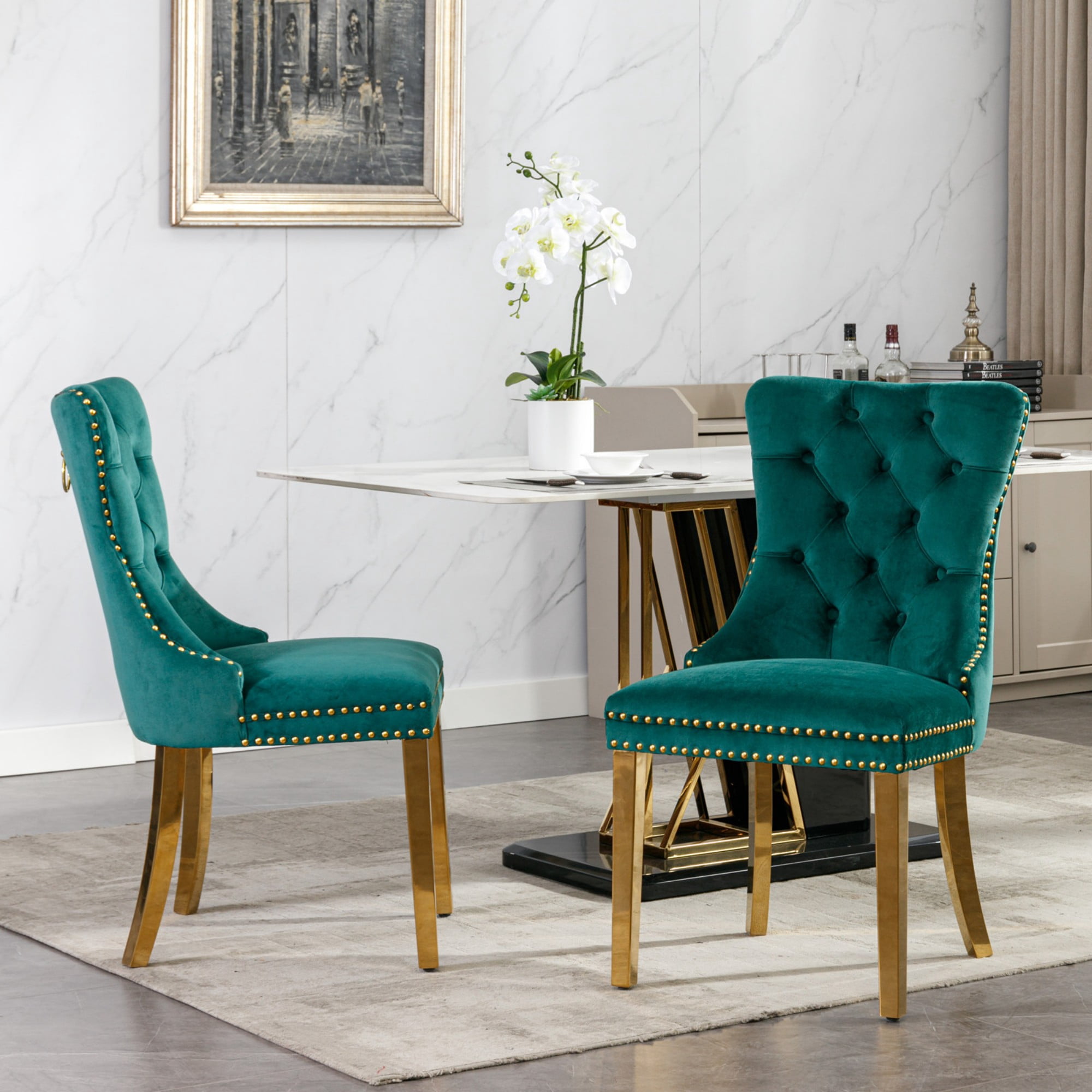 BSHTI 37.5" Velvet Upholstered Dining Room Chairs Set of 2, Modern Tufted Parson Chairs with Nailhead Trim, Foam Padded Seat for Dining Room/Kitchen(Green)