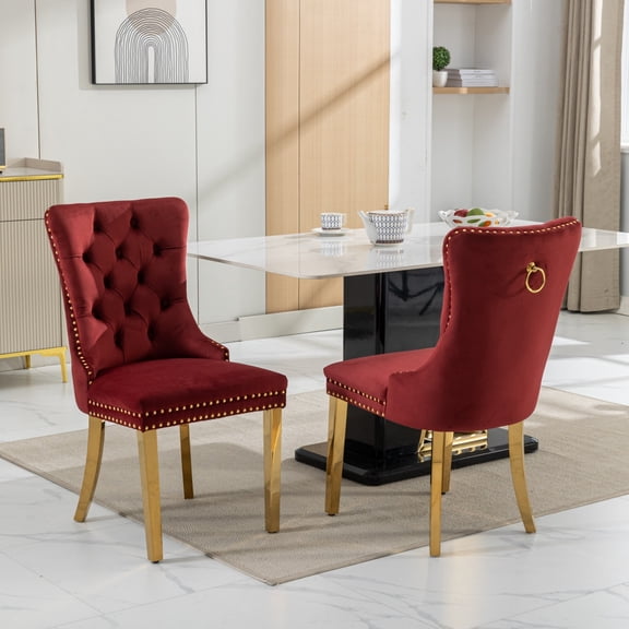 BSHTI 37.5" Velvet Upholstered Dining Room Chairs Set of 2, Modern Tufted Parson Chairs with Nailhead Trim, Foam Padded Seat for Dining Room/Kitchen(Burgundy)