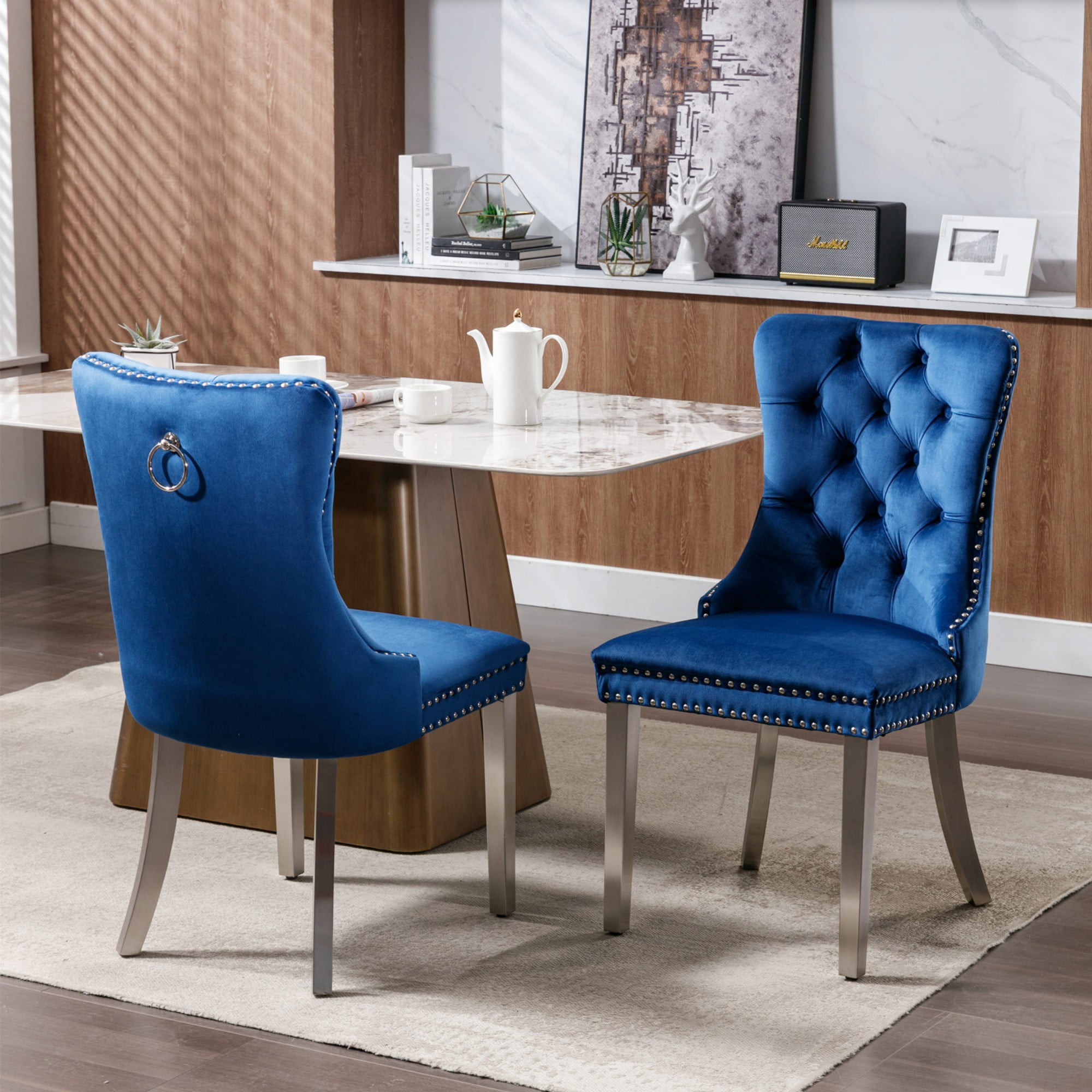 BSHTI 37.5" Velvet Upholstered Dining Room Chairs Set of 2, Modern Tufted Parson Chairs with Nailhead Trim, Foam Padded Seat for Dining Room/Kitchen(Blue)