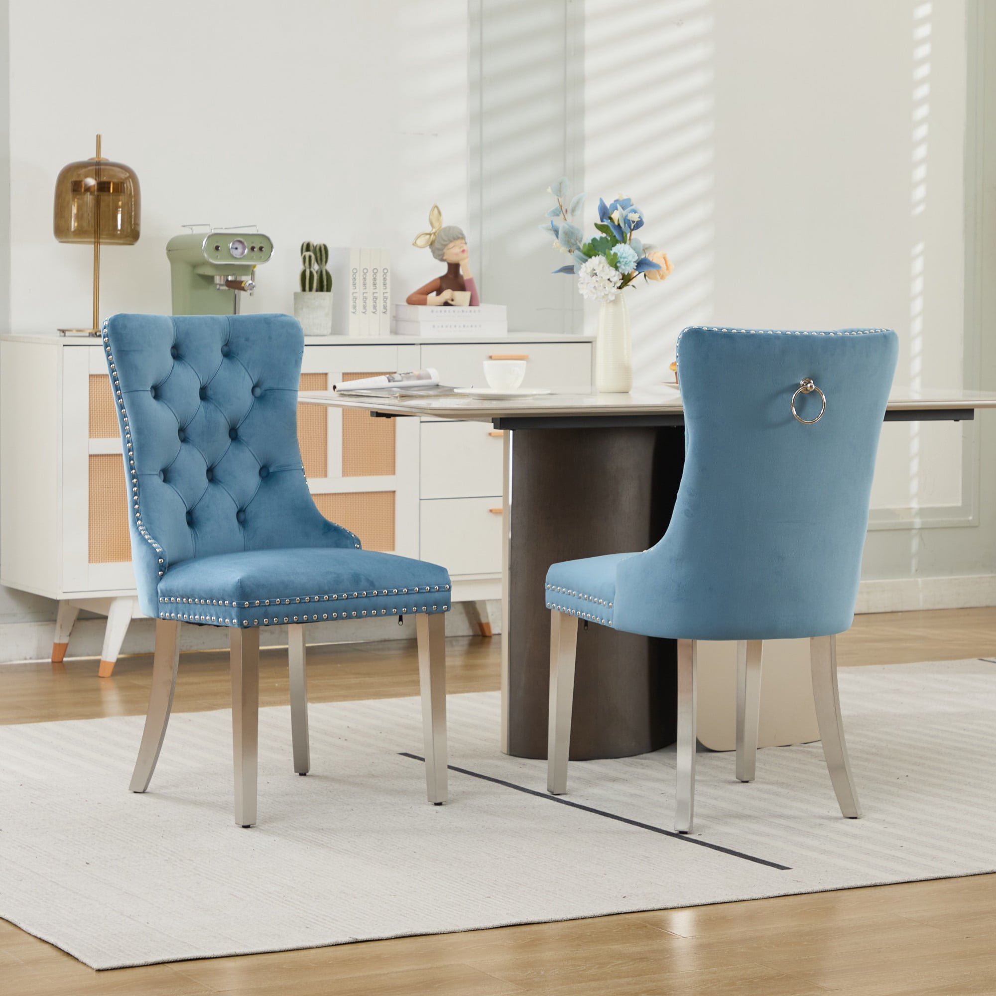 BSHTI 37.5" Velvet Upholstered Dining Room Chairs Set of 2, Modern Tufted Parson Chairs with Nailhead Trim, Foam Padded Seat for Dining Room/Kitchen(Light Blue)