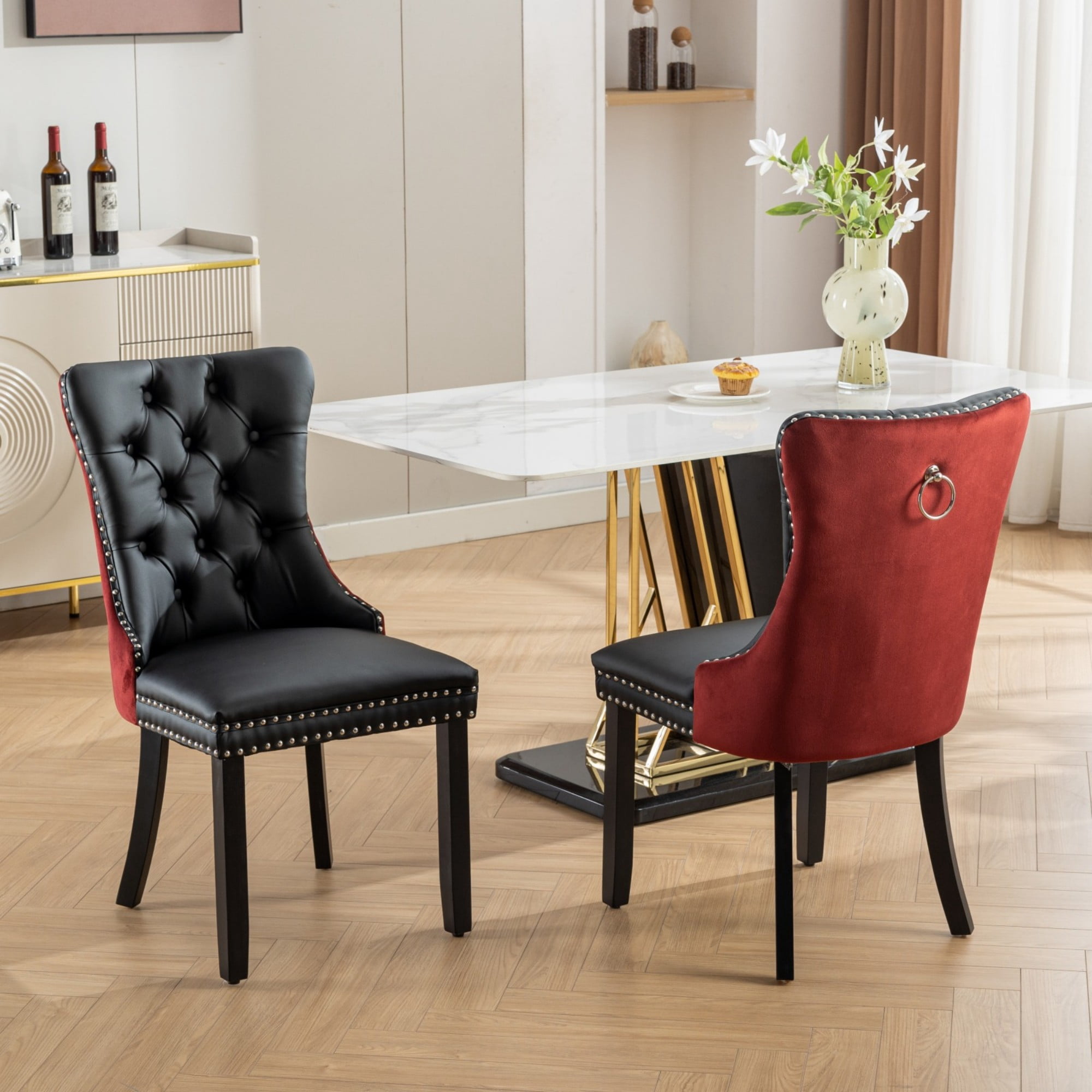 BSHTI 37.5-inch Modern Parson PU Leather and Velvet Upholstered Dining Chairs Set of 2 With Tufted Back, Nailhead Trim, Solid Rubberwood Legs for Dining Room (Black+WineRed)