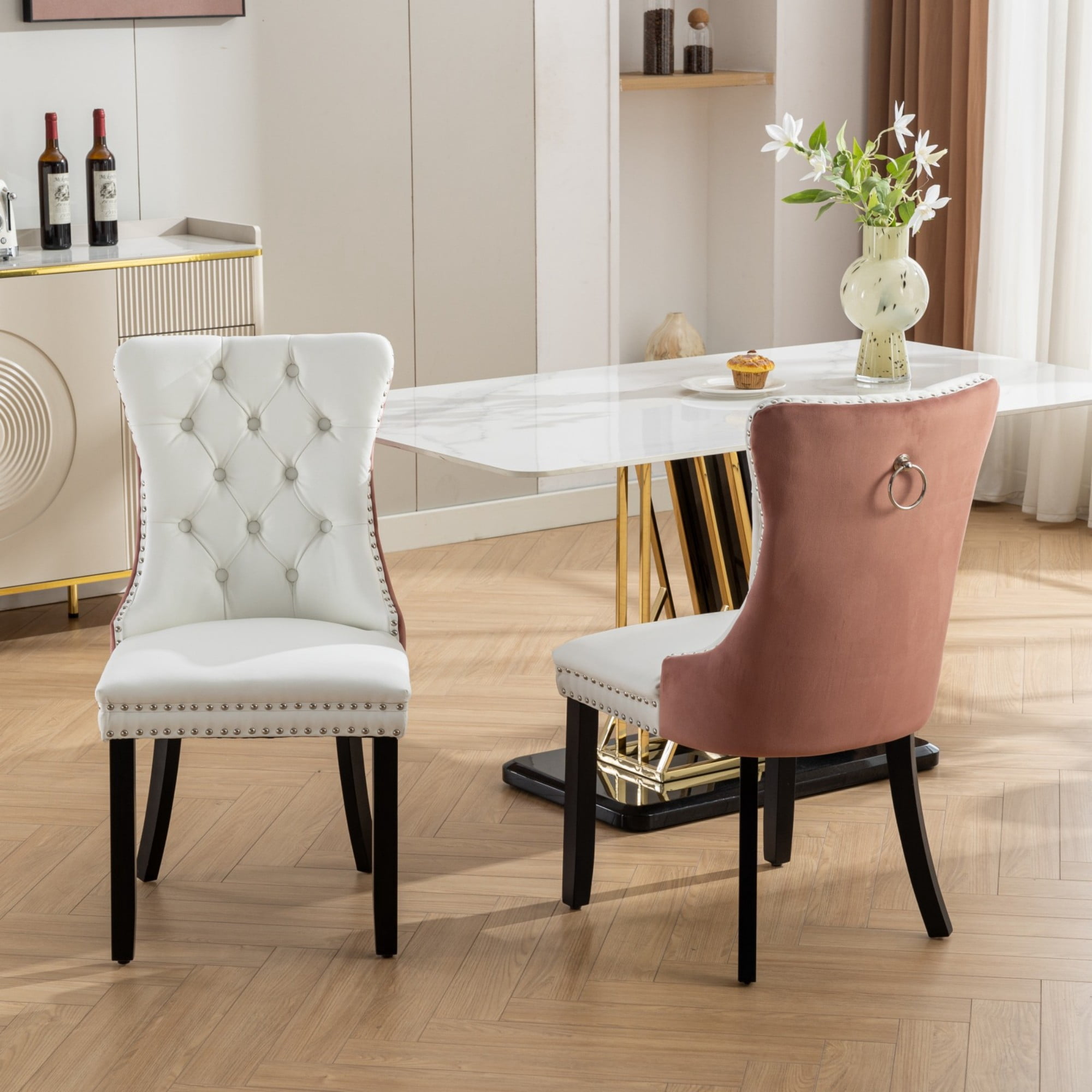 BSHTI 37.5-inch Modern Parson PU Leather and Velvet Upholstered Dining Chairs Set of 2 With Tufted Back, Nailhead Trim, Solid Rubberwood Legs for Dining Room(White+Pink)