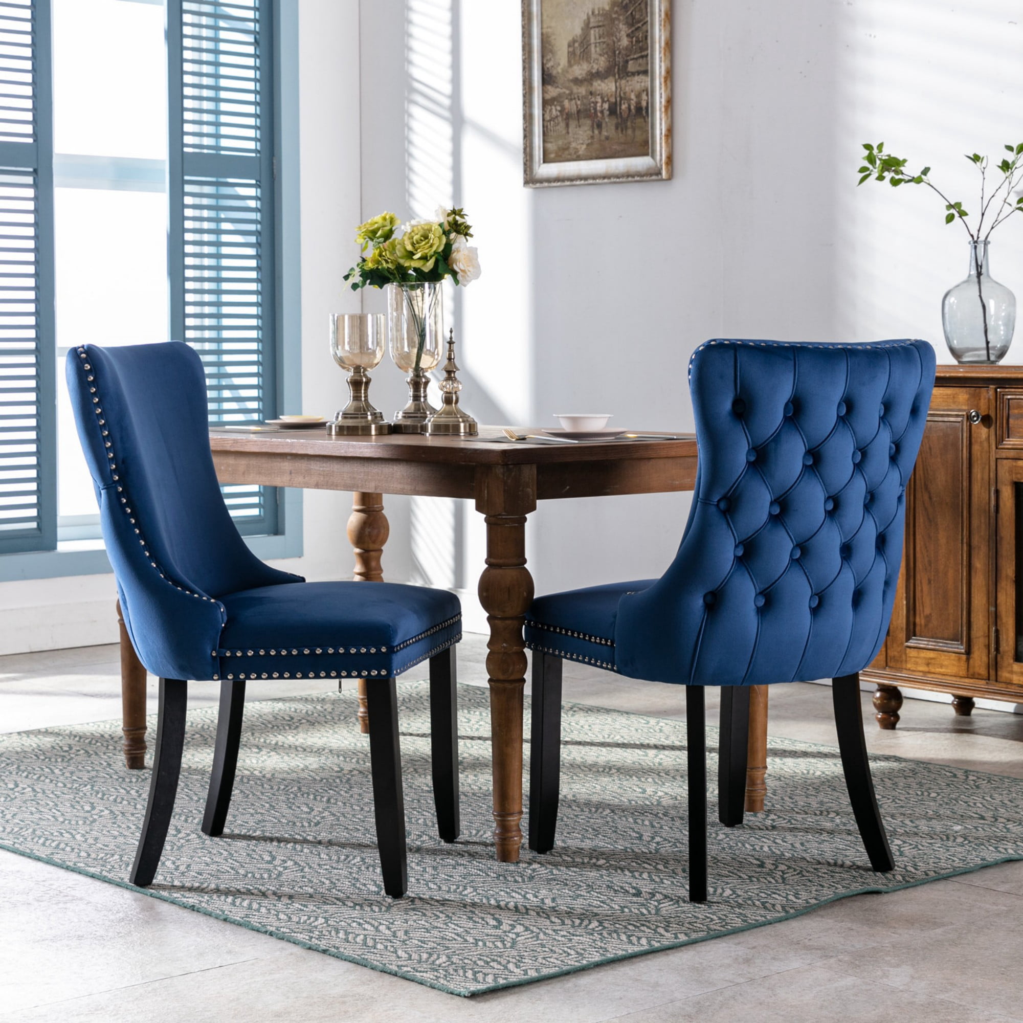 BSHTI 37" Velvet Upholstered Wingback Dining Chairs Set of 2 with Wood Frame, Foam Seat, Rivet Trim, Adjustable Feet for Dining Room (Blue)