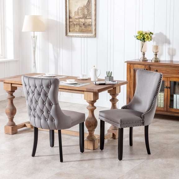 BSHTI 37" Velvet Upholstered Wingback Dining Chairs Set of 2 with Wood Frame, Foam Seat, Rivet Trim, Adjustable Feet for Dining Room(Gray)