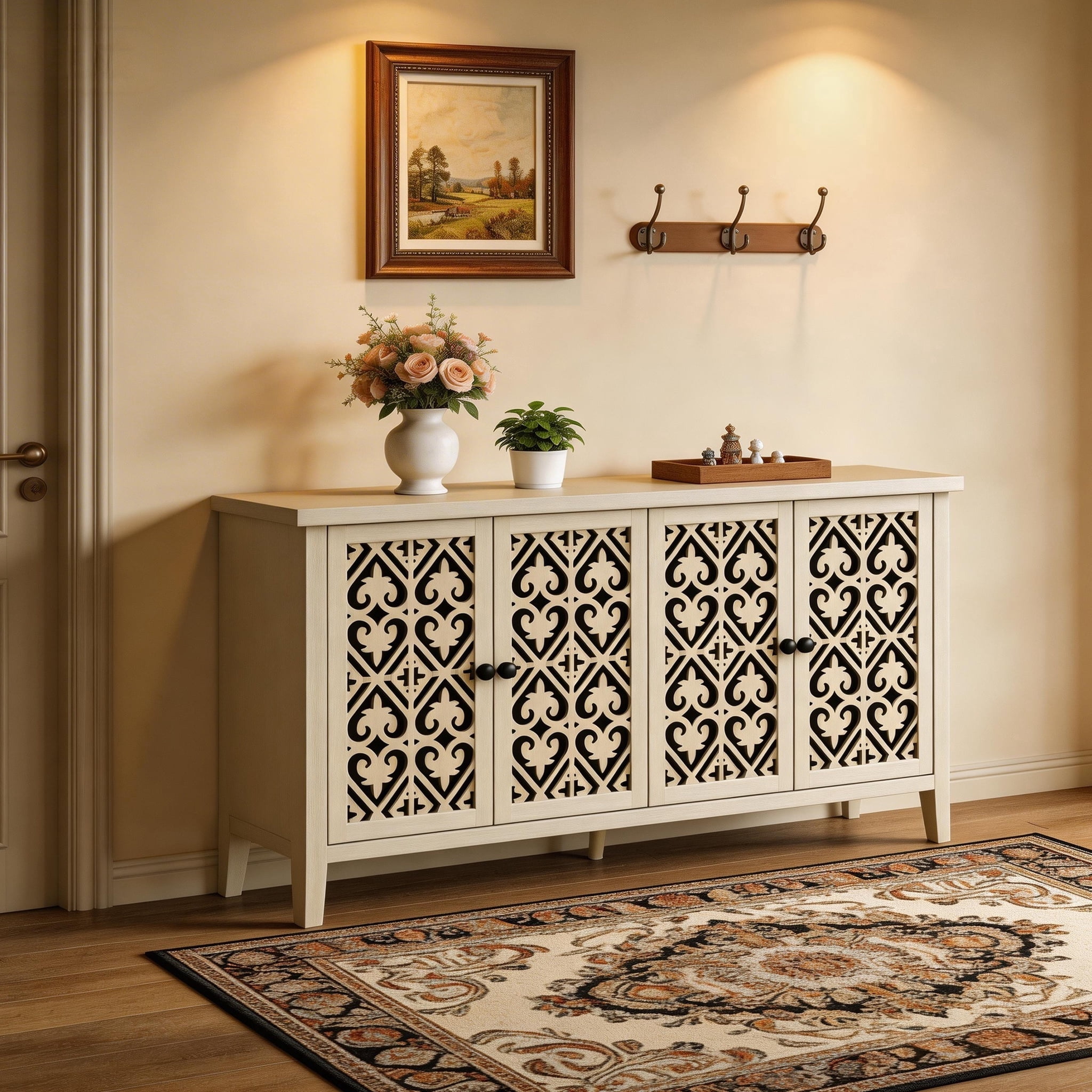 BSHTI 4-Door Hollowed-Out Cabinet – Farmhouse Storage Cabinet with Carved Panels, Adjustable Shelf, Anti-Tip Safety, for Bedroom, Living Room, Study, Brown