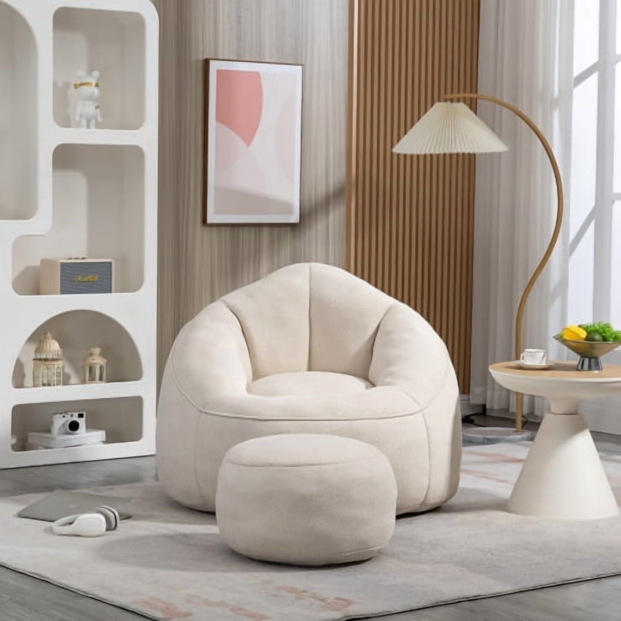 BSHTI 40"Bedding Bean Bag Sofa Chair,High Pressure Foam Bean Bag Chair,Adult Material with Padded Foam Padding Compressed Bean Bag With Footrest-Beige