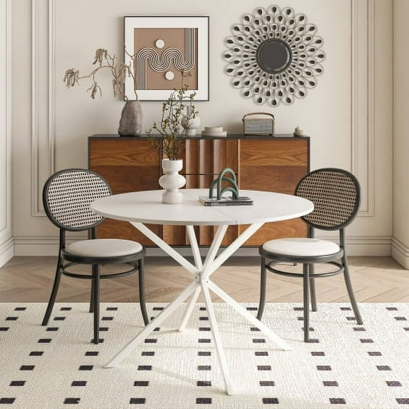 BSHTI 42.13" Modern Cross Leg Round Dining Table, White Top Occasional Table, Two Piece Removable Top, Matte Finish Iron Legs
