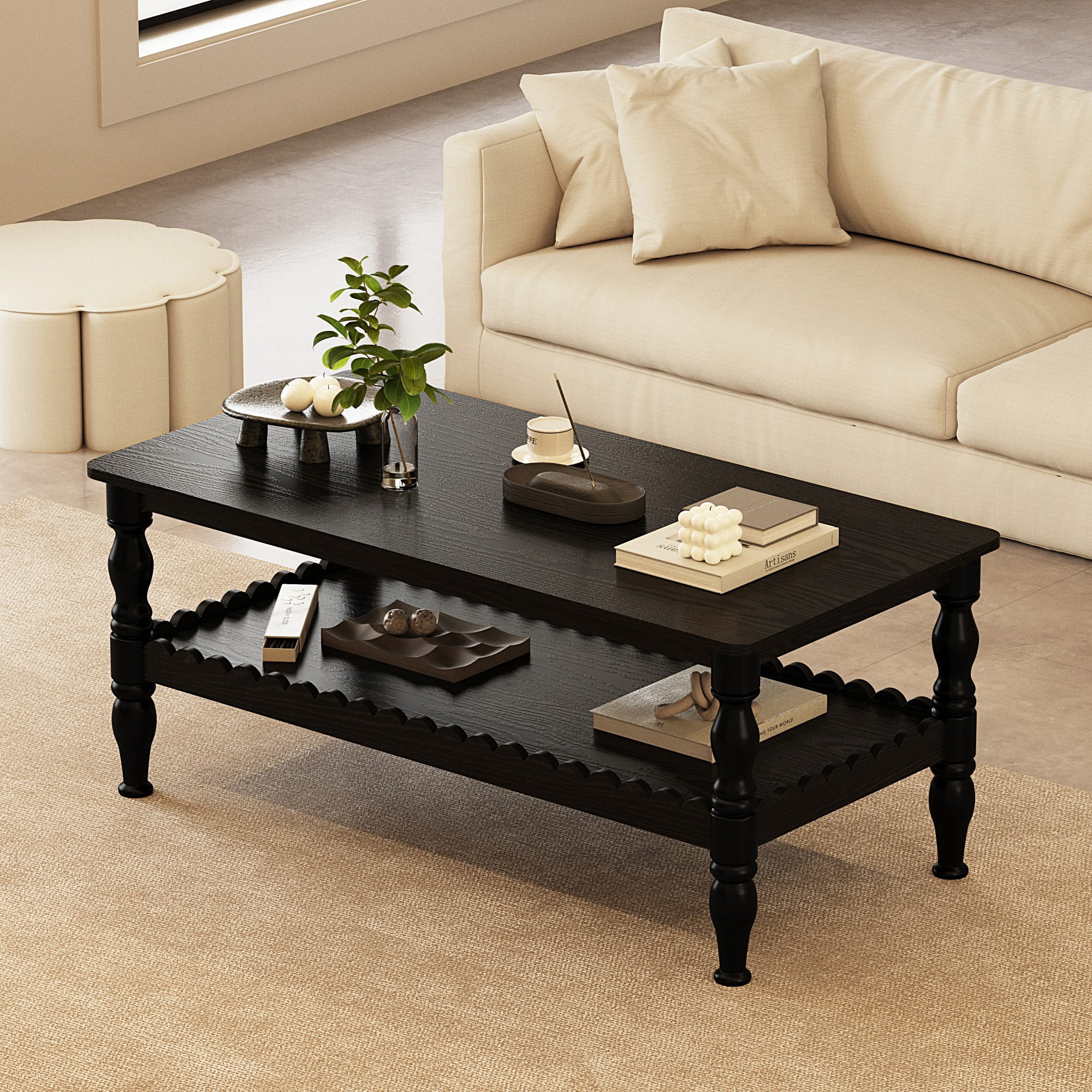 BSHTI Antique Black 43.3” Rectangle Coffee Table with 2-Tier Design and Storage Shelf(Antique Black)