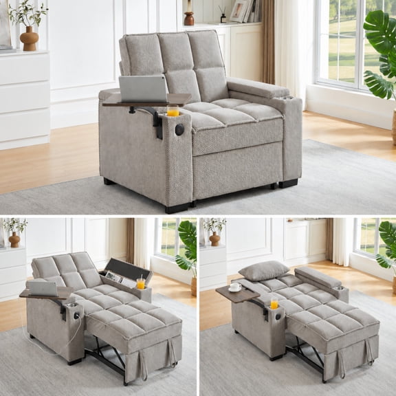BSHTI 43.7" Fabric 3-in-1 Sleeper Sofa Bed with 6-Position Backrest, USB Ports, Cup Holder & Swivel Table for Living Room, Apartment & Office(Khaki)