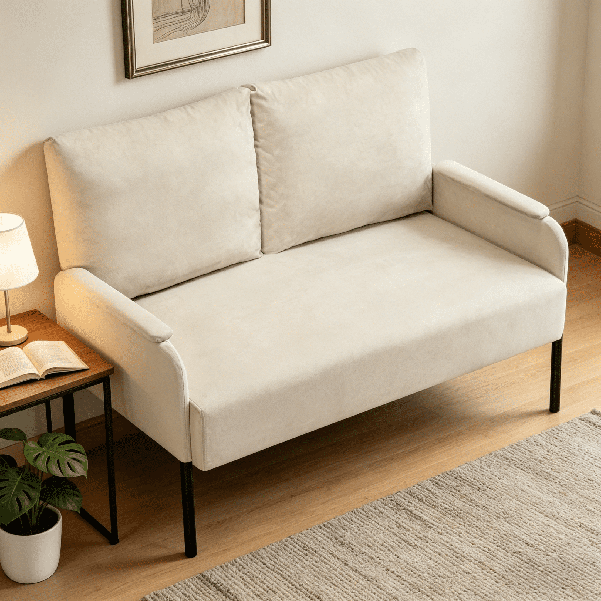 BSHTI 45.7" Metal Frame Loveseat Couch – Solid Wood & Iron Combination, High-Density Foam Seat, Removable Washable Back Cushion, for Small Spaces, Apartments，Beige
