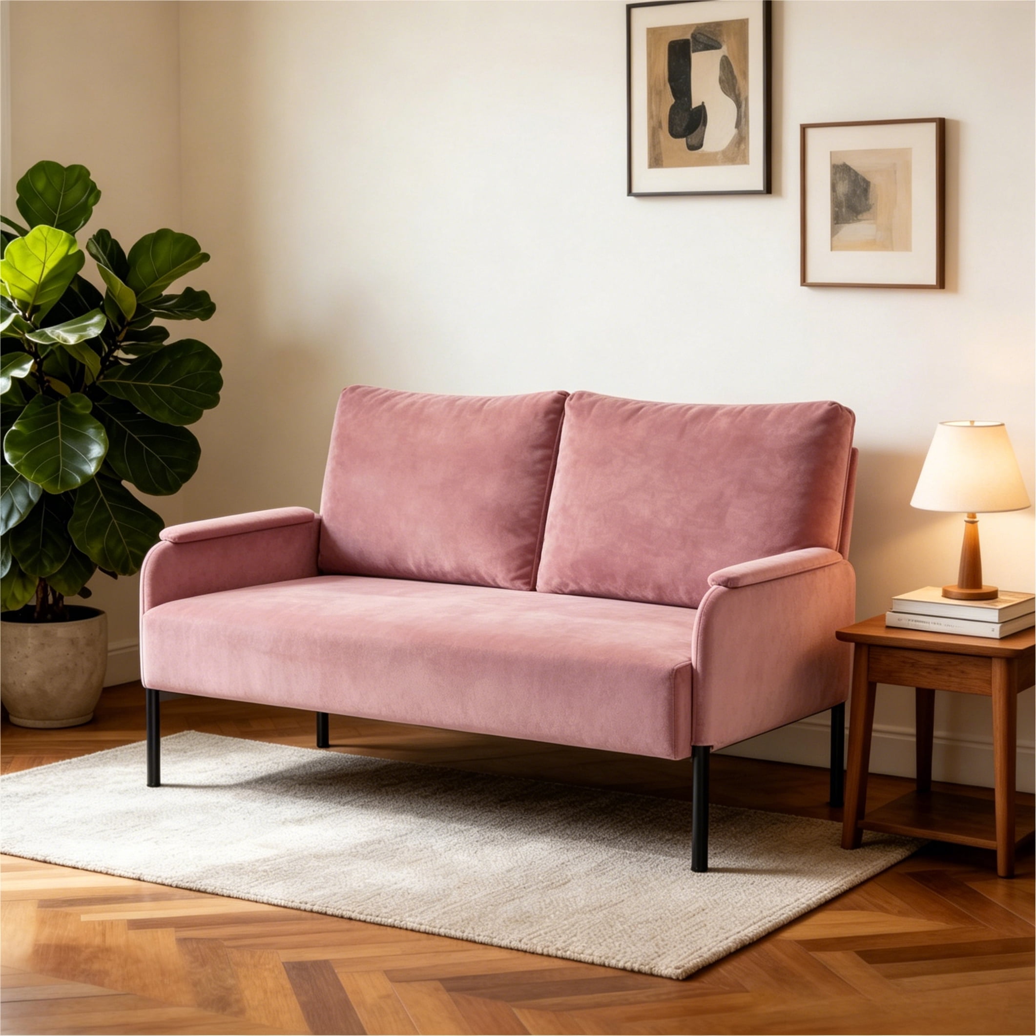 BSHTI 45.7" Metal Frame Loveseat Couch – Solid Wood & Iron Combination, High-Density Foam Seat, Removable Washable Back Cushion, for Small Spaces, Apartments，Pink