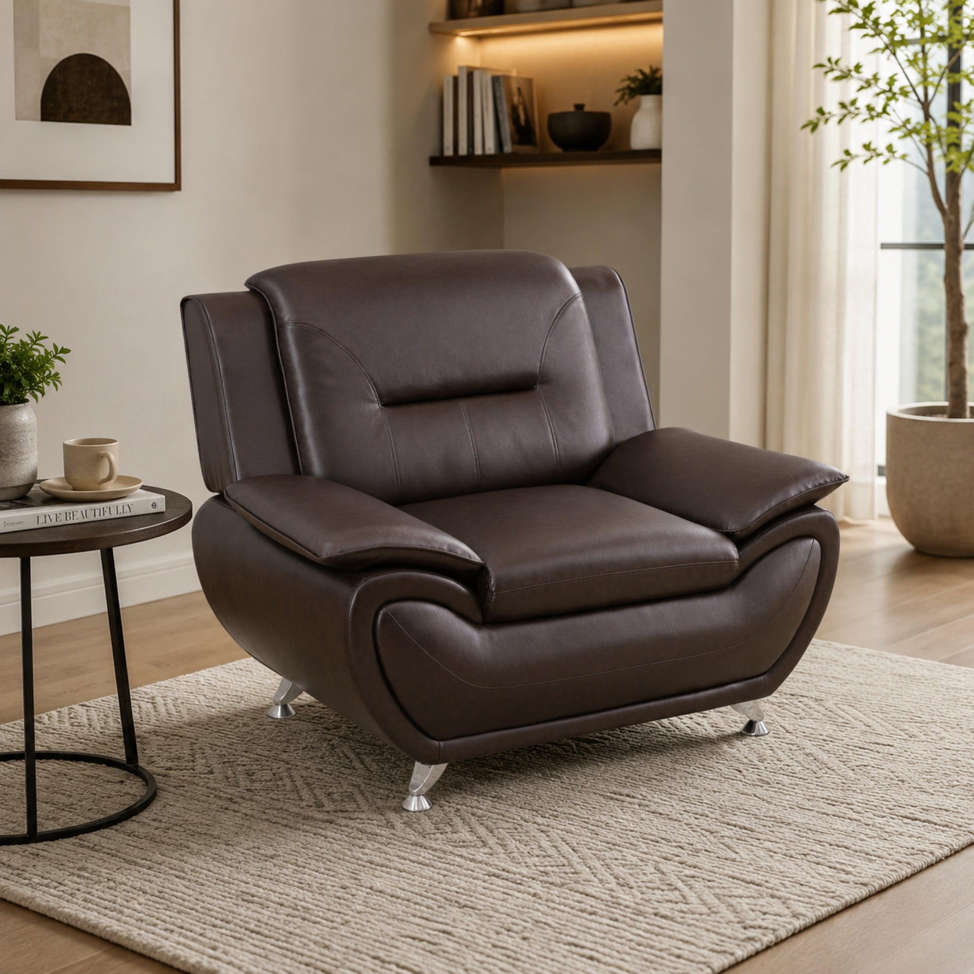 BSHTI 46” Faux Leather Small Recliner Chair Single Sofa Couch with Backrest , Sponge Cushion, Solid Wood Frame for Living Room/Bedroom/Office(Brown)
