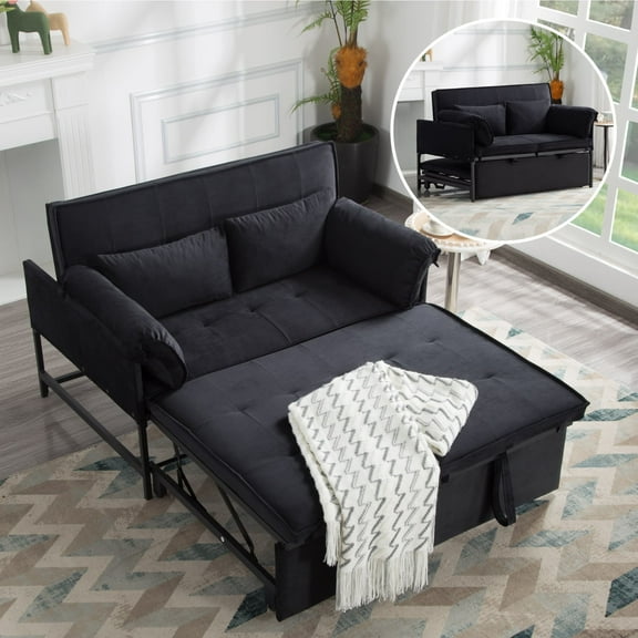 BSHTI 46”Twin Size Pull-out Sofa Bed,Metal Frame,Movable Arm Cushion,5 Adjustable Angles Convertible Sleeper, Velvet Black