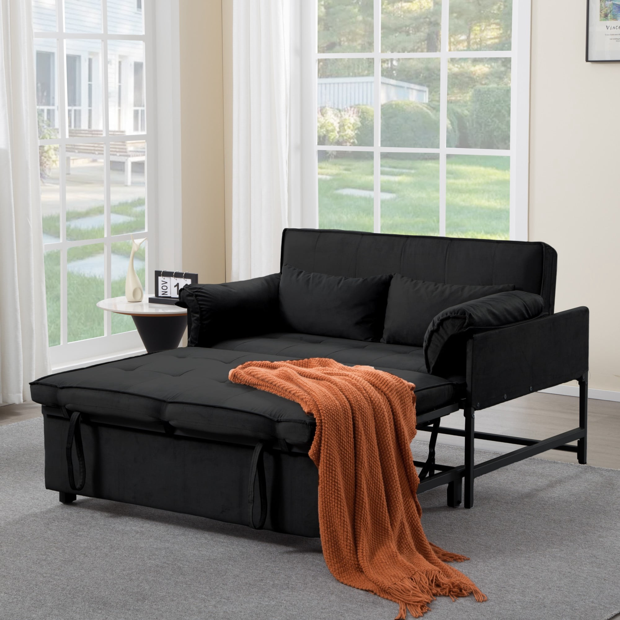 BSHTI 46" Velvet Pull-Out Sleeper Sofa Bed with Adjustable Back, Metal Frame, 2 Pillows for Living Room（Black）