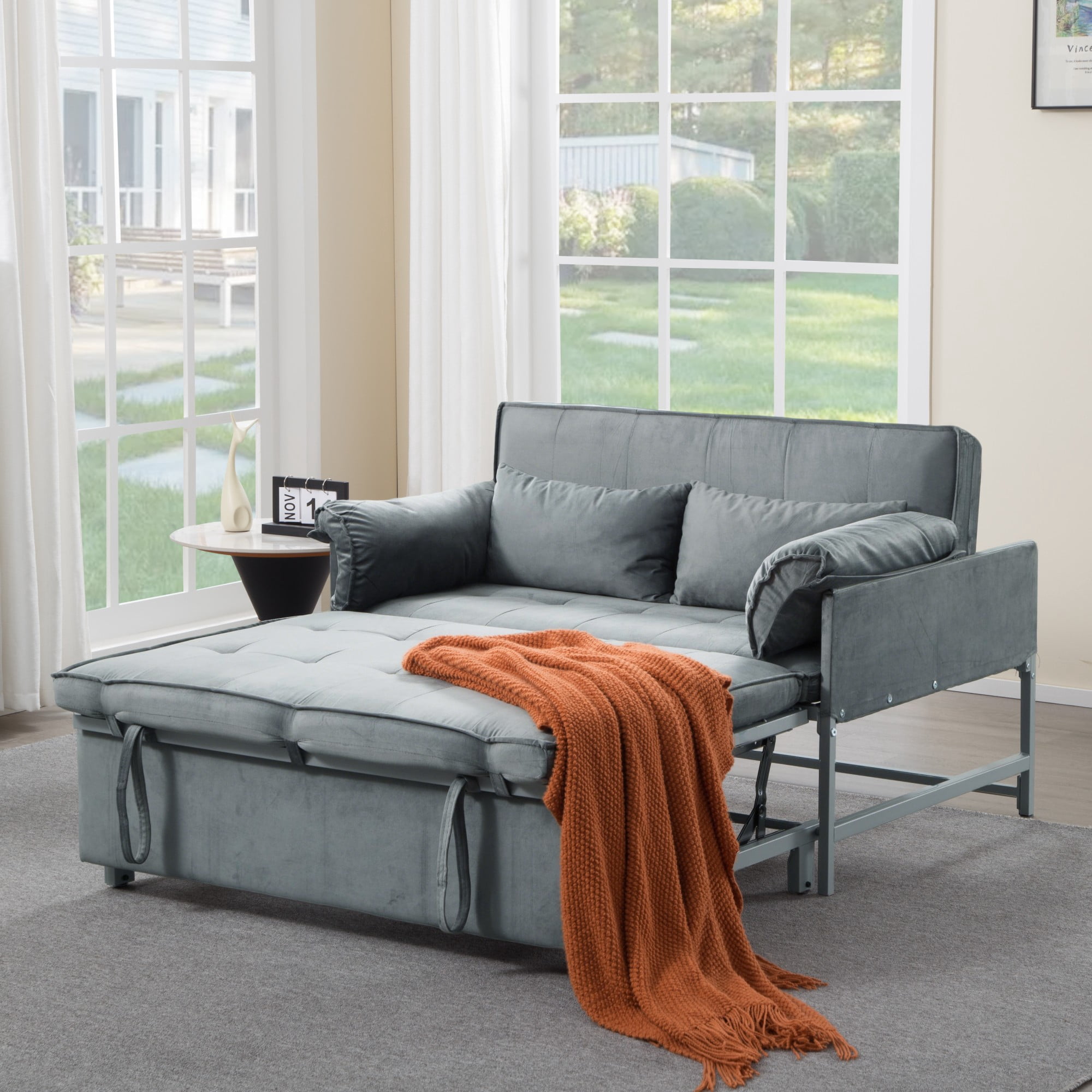 BSHTI 46" Velvet Pull-Out Sleeper Sofa Bed with Adjustable Back, Metal Frame, 2 Pillows for Living Room（Grey）