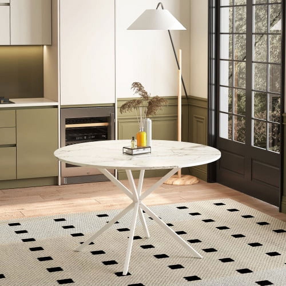 BSHTI 47.24" Modern Cross Leg Round Dining Table, White Marble Top Occasional Table, Two Piece Removable Top, Matte Finish Iron Legs
