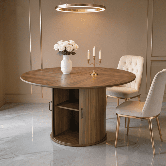 BSHTI 47.32" Round Dining Table with Storage Shelf, MDF with Walnut Grain, 2-Tier Dust-Proof Cabinet, Seats 4, Easy Assembly