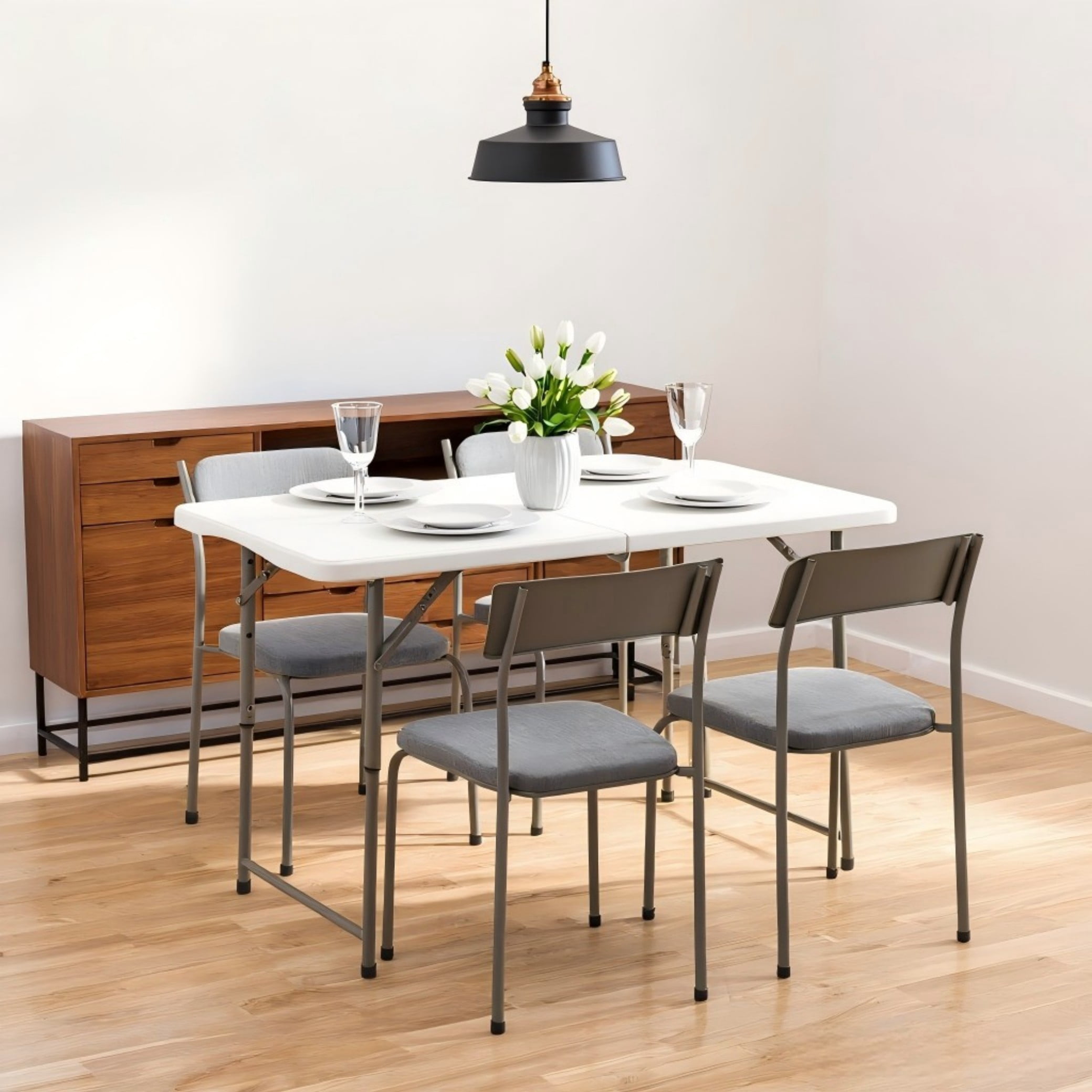 BSHTI 48" Rectangular Folding Dining Table – 3 Adjustable Height Settings with Carrying Handle, Indoor & Outdoor Use for Dining Room, Living Room, Office & Camping, White