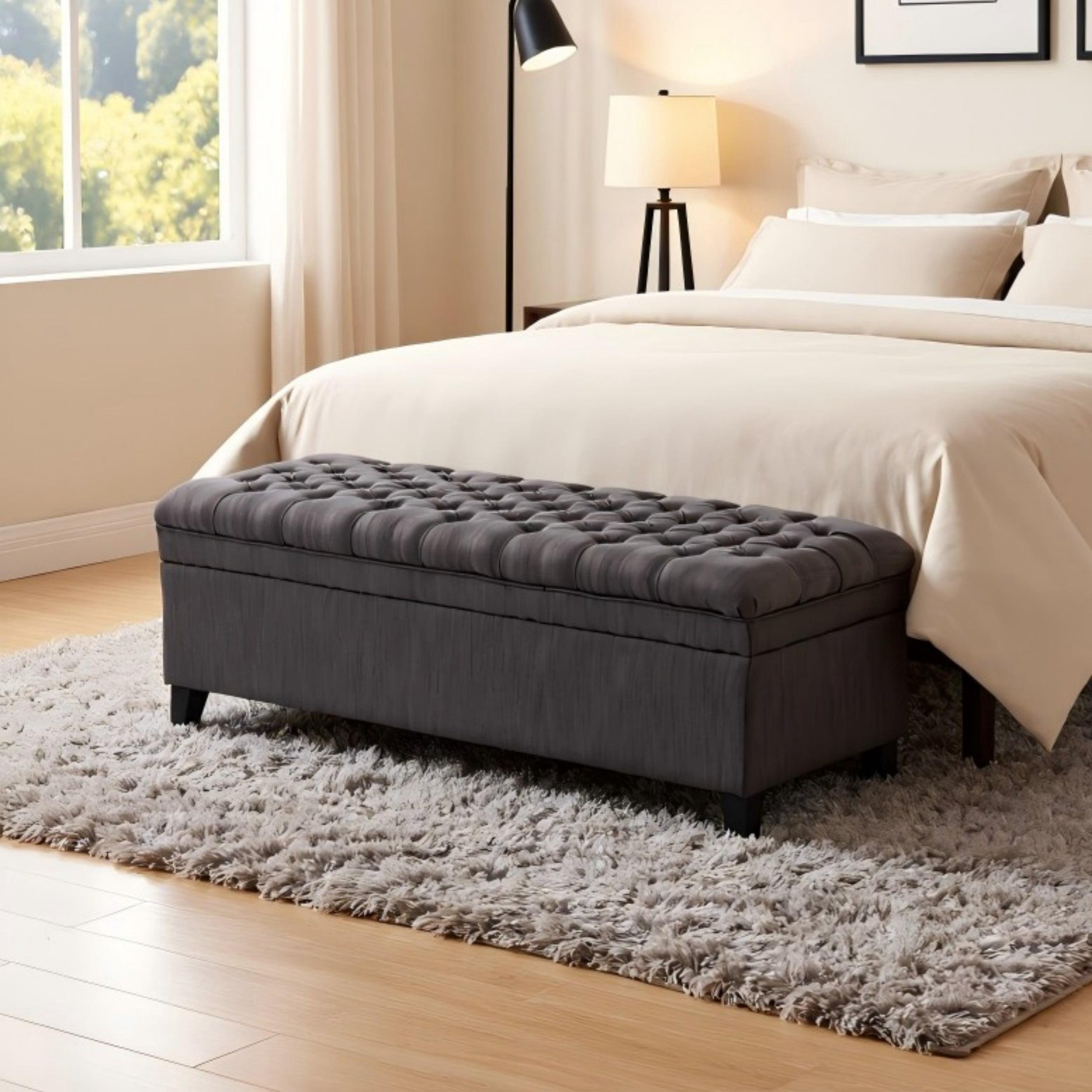 BSHTI 49.41" Flip Top Storage Bench with Tufted Seat – Solid Wood Frame, Hidden Storage Compartment, High-Density Foam, Tapered Legs – For Entryway, Bedroom, Living Room,Dark Grey