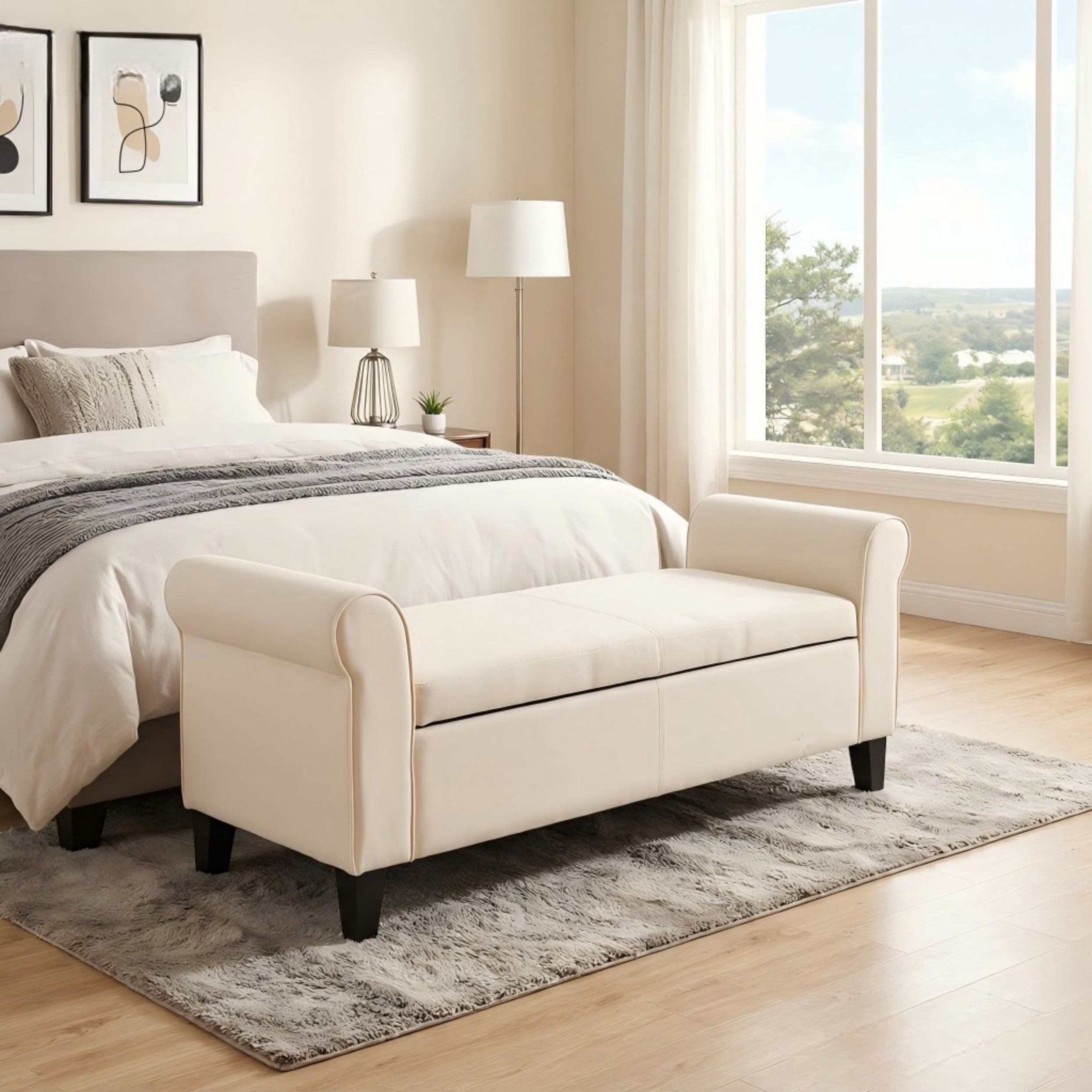 BSHTI 49.61" Flip Top Storage Bench with Rolled Armrests – Solid Wood Frame, Hidden Storage Compartment, Tapered Legs – For Entryway, Bedroom, Living Room,Beige