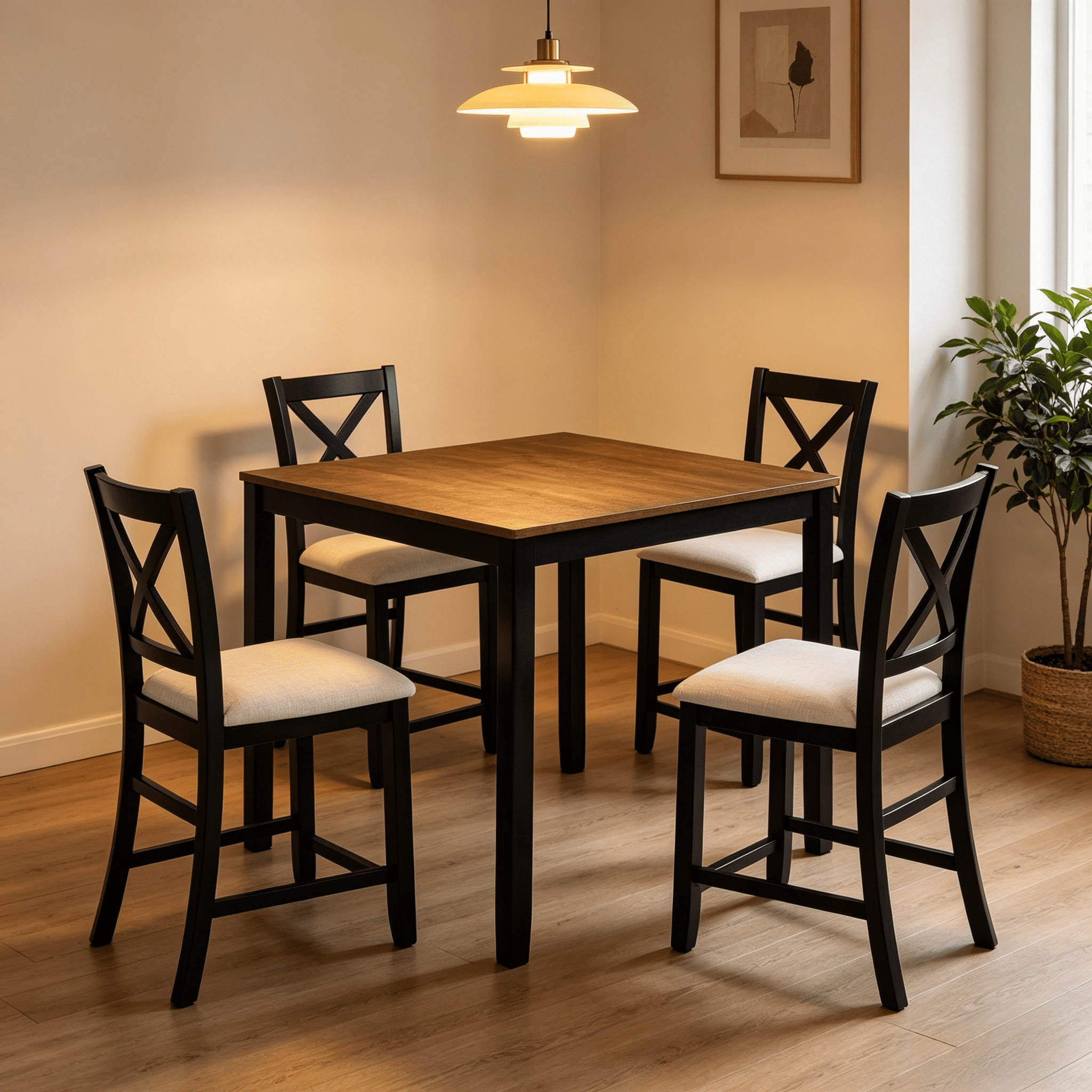 BSHTI 5-Piece Counter Height Dining Table Set – 34.5" Kitchen Square Table with 4 Chairs, X-Back Design, Linen Upholstery 4 Chair Dining Table Set, Solid Wood Frame, Black & Oak + Beige