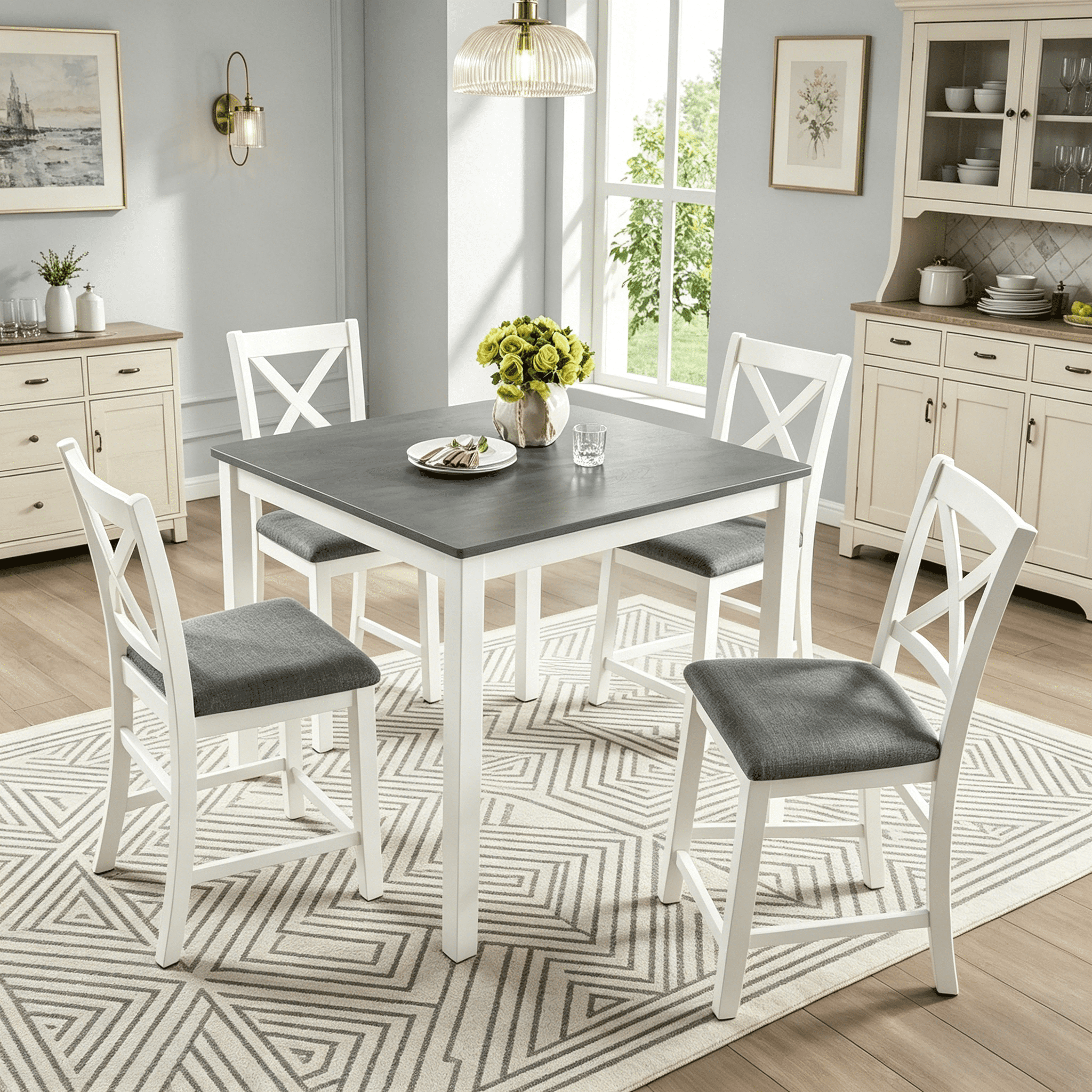 BSHTI 5-Piece Counter Height Dining Table Set – 34.5" Kitchen Square Table with 4 Chairs, X-Back Design, Linen Upholstery 4 Chair Dining Table Set, Solid Wood Frame（Grey+White）