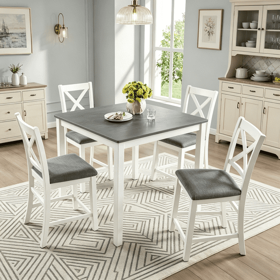 BSHTI 5-Piece Counter Height Dining Table Set – 34.5" Kitchen Square Table with 4 Chairs, X-Back Design, Linen Upholstery 4 Chair Dining Table Set, Solid Wood Frame, Grey+White