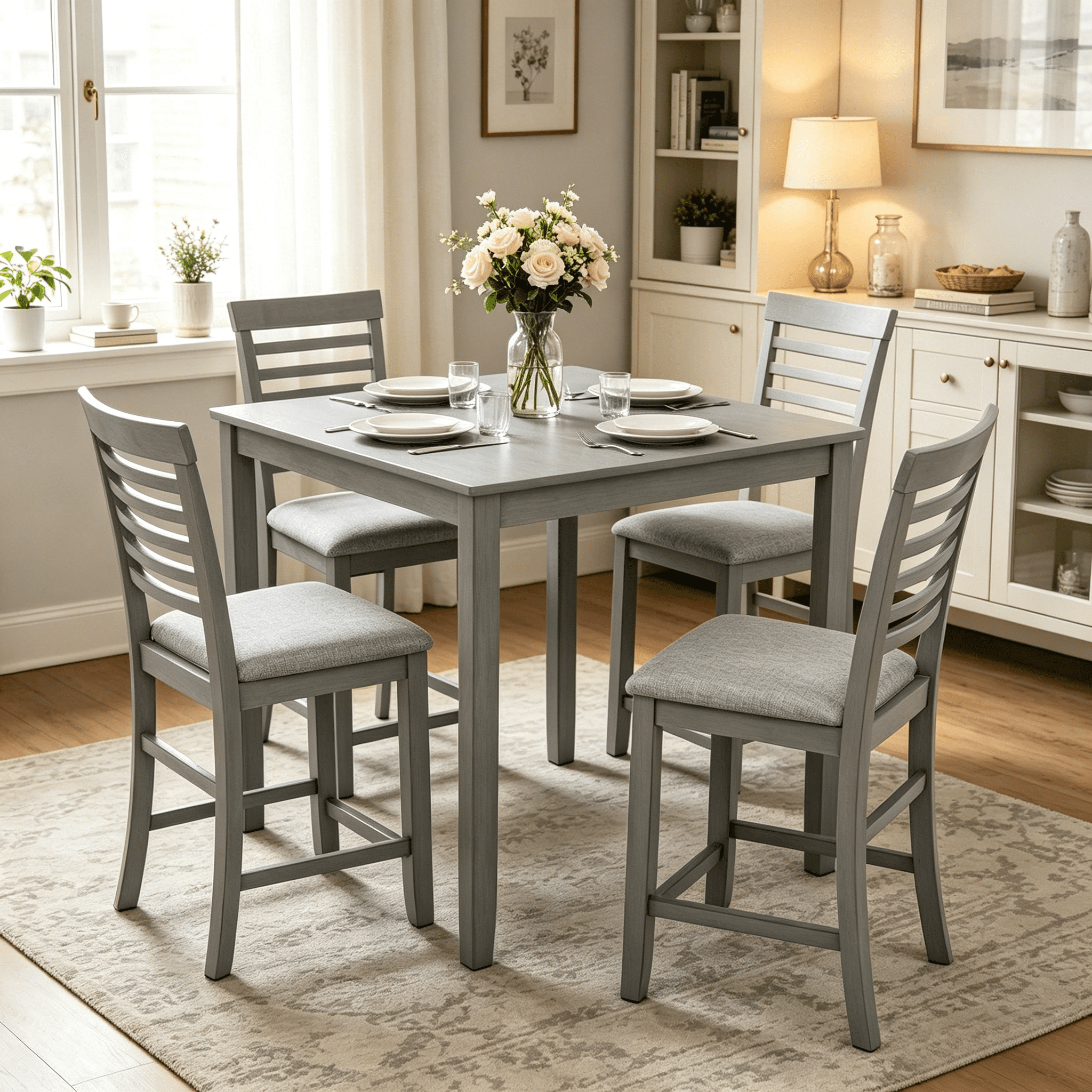 BSHTI 34.5" Solid Wood 5-Piece Counter Height Dining Table Set with Linen Upholstered Chairs, Ladder Back for Kitchen Dining Room（Gray）