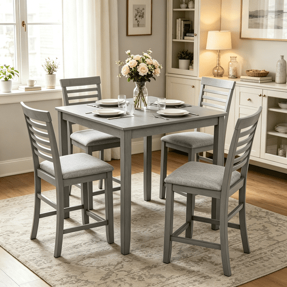 BSHTI 5-Piece Counter Height Solid Wood Dining Table Set – 34.5" Square Table + 4 Chairs, Ladder Back Design, Linen Upholstery 4 Chair Dining Table Set, Gray Finish for Kitchen & Dining Room