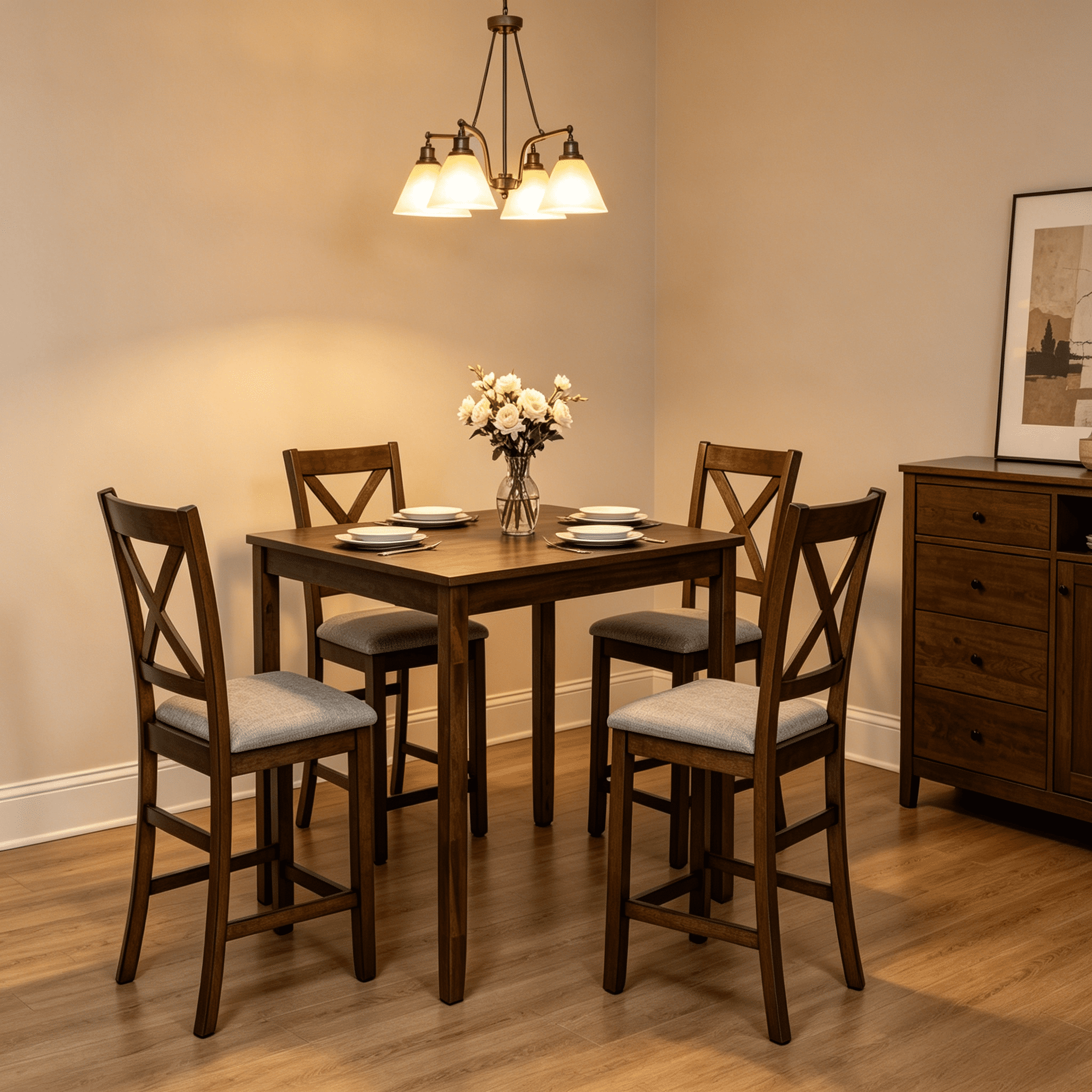 BSHTI 5-Piece Counter Height Solid Wood Dining Table Set – 34.5" Square Table + 4 Chairs, X-Back Design, Linen Upholstery 4 Chair Dining Table Set, Walnut Finish for Kitchen & Dining Room