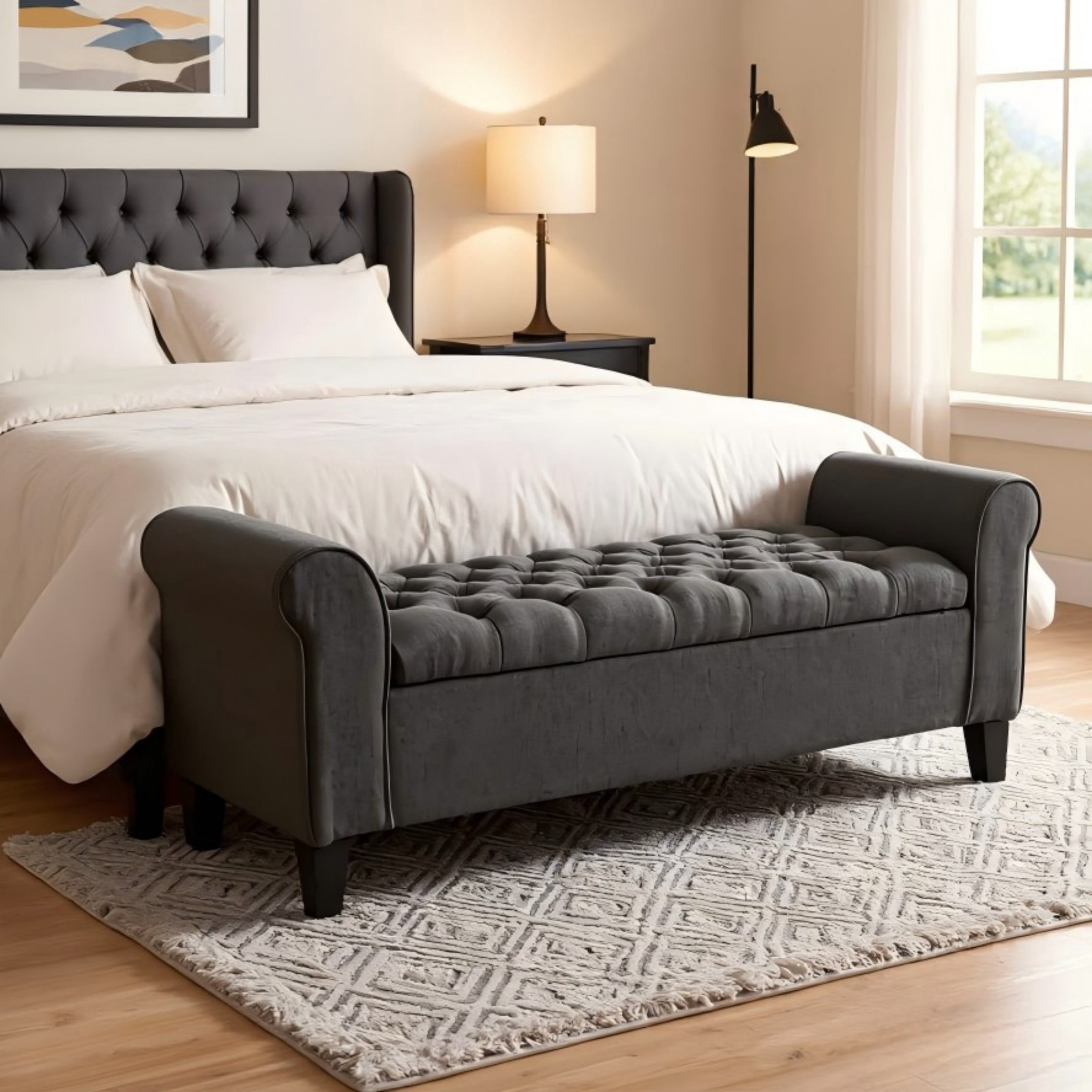 BSHTI 50" Flip Top Storage Bench with Tufted Cushion & Rolled Armrests – Solid Wood Frame, Hidden Storage Compartment, Tapered Legs – For Entryway, Bedroom, Living Room,Dark Grey