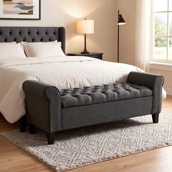 BSHTI 50" Flip Top Storage Bench with Tufted Cushion & Rolled Armrests – Solid Wood Frame, Hidden Storage Compartment, Tapered Legs – For Entryway, Bedroom, Living Room,Dark Grey