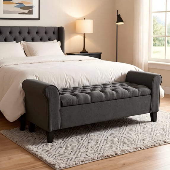 BSHTI 50" Flip Top Storage Bench with Tufted Cushion & Rolled Armrests – Solid Wood Frame, Hidden Storage Compartment, Tapered Legs – For Entryway, Bedroom, Living Room,Dark Grey