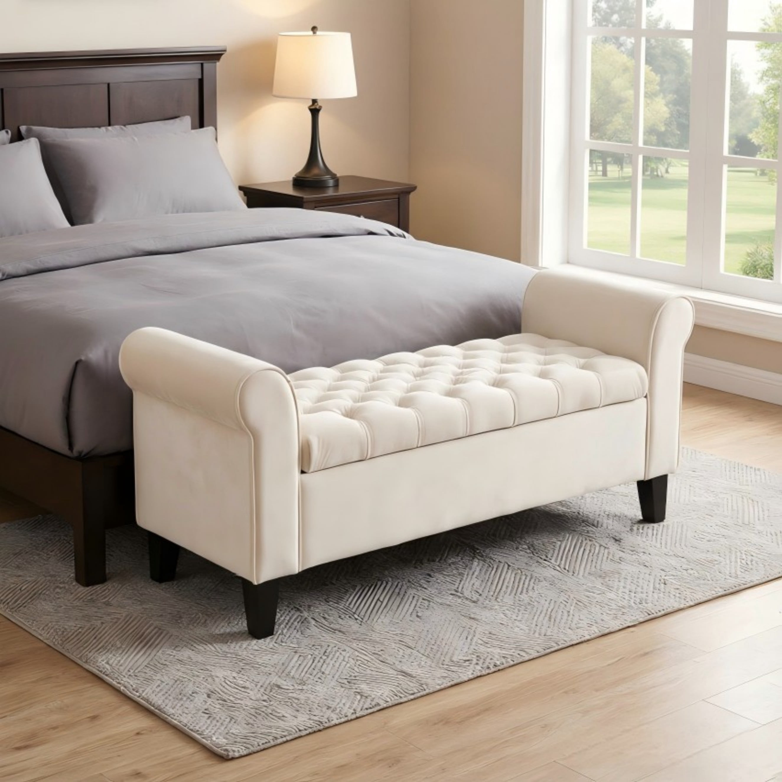 BSHTI 50" Flip Top Storage Bench with Tufted Cushion & Rolled Armrests – Solid Wood Frame, Hidden Storage Compartment, Tapered Legs – For Entryway, Bedroom, Living Room,Beige