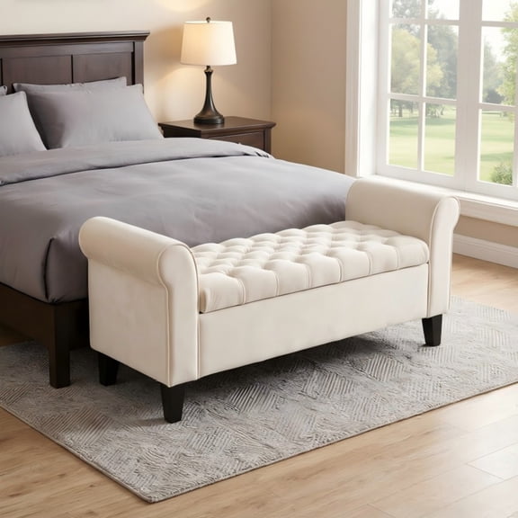 BSHTI 50" Flip Top Storage Bench with Tufted Cushion & Rolled Armrests – Solid Wood Frame, Hidden Storage Compartment, Tapered Legs – For Entryway, Bedroom, Living Room,Beige