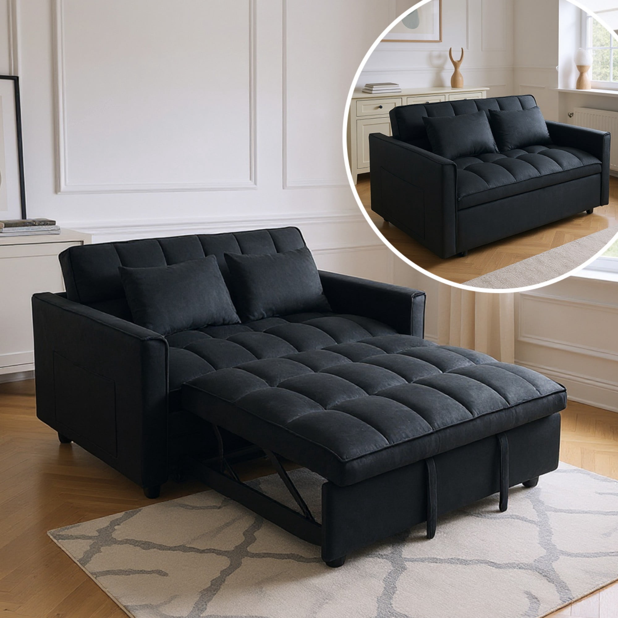 BSHTI 51.1" Pull-Out Sleeper Sofa Bed, Twin-Size Fold Out Sleeper, With 3 Angles Backrest Reclined, Velvet Upholstery, Side Storage Pocket and Two Pillows, Black