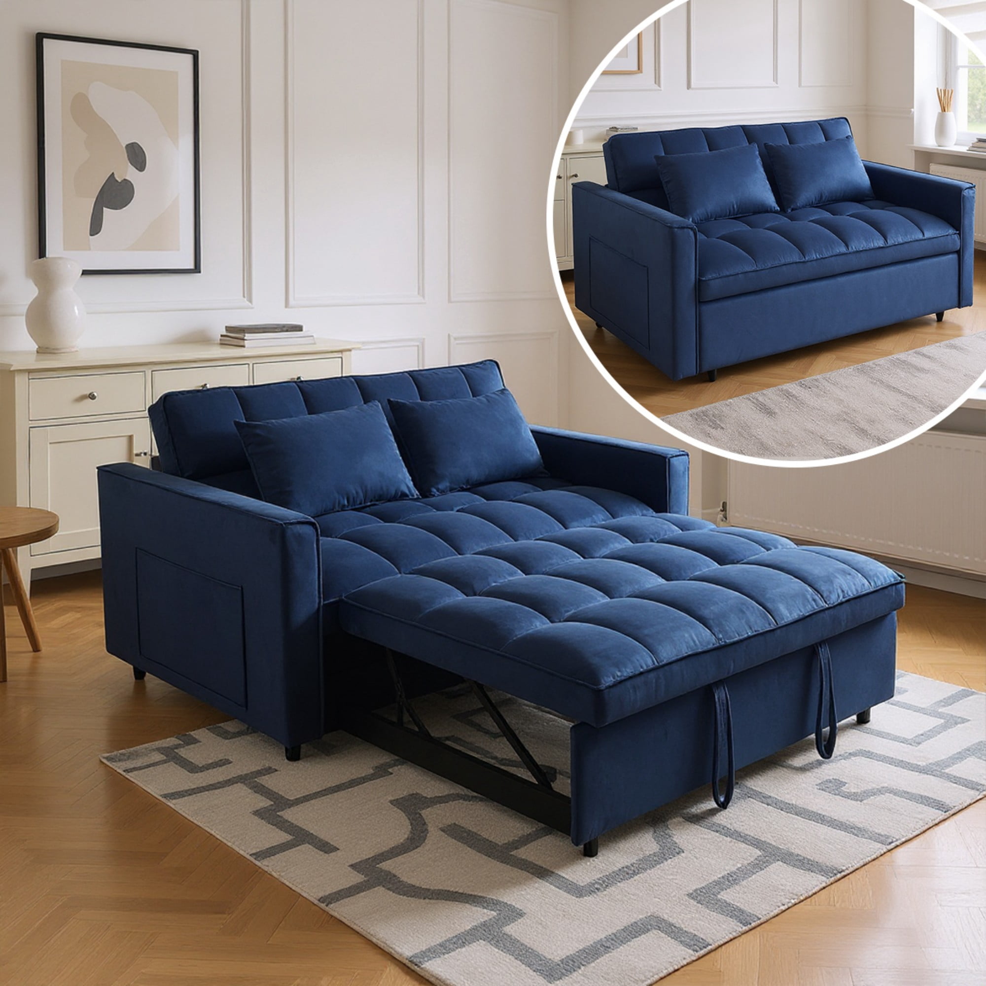 BSHTI 51.1" Pull-Out Sleeper Sofa Bed, Twin-Size Fold Out Sleeper, With 3 Angles Backrest Reclined, Velvet Upholstery, Side Storage Pocket and Two Pillows, Blue