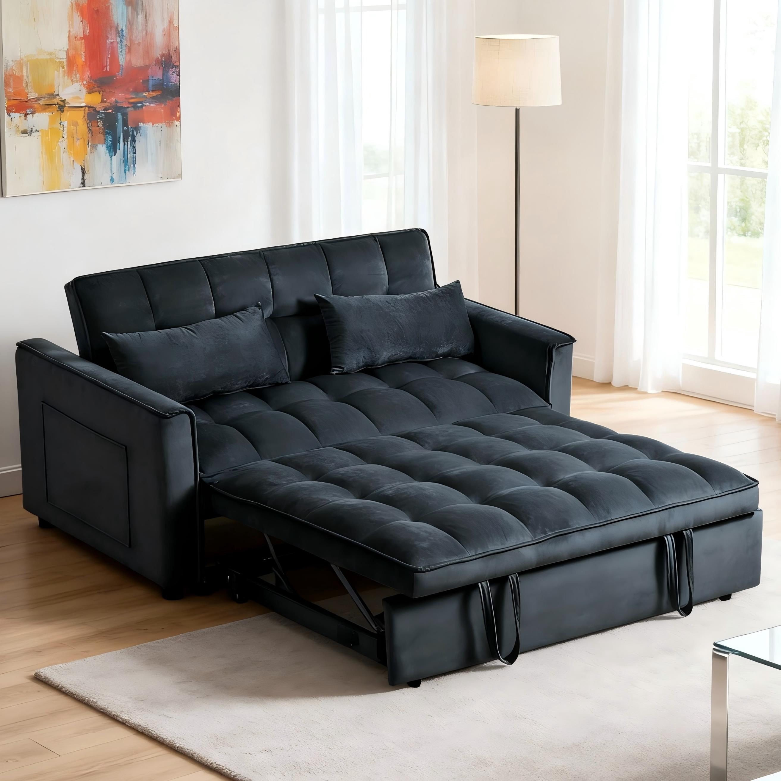 BSHTI 52.75”3-Position Adjustable Velvet Futon Sofa Bed, Convertible Loveseat Sleeper with Pull-Out Bed for Small Space, Modern Tufted Chaise, Black