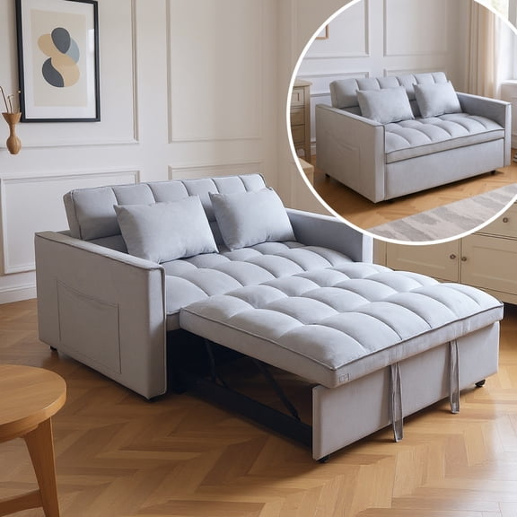 BSHTI 51.1" Pull-Out Sleeper Sofa Bed, Twin-Size Fold Out Sleeper, With 3 Angles Backrest Reclined, Velvet Upholstery, Side Storage Pocket and Two Pillows, Gray