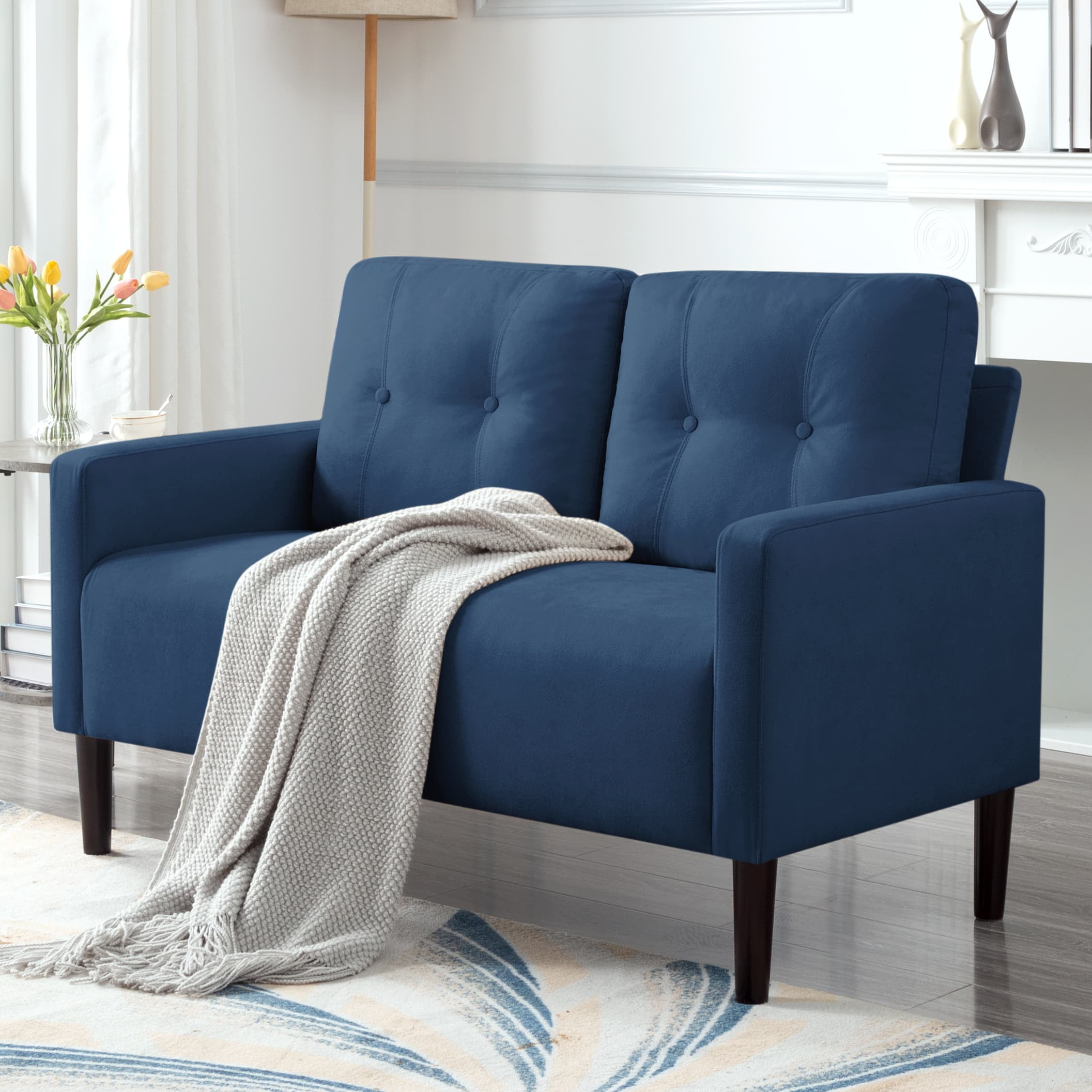 BSHTI 51.2”Loveseat Couch,Linen Blend Upholstery,Back Cushions are Removable,Solid Wood and Iron Combination,6 Colors for Choosing,Standard Couch(Navy Blue)