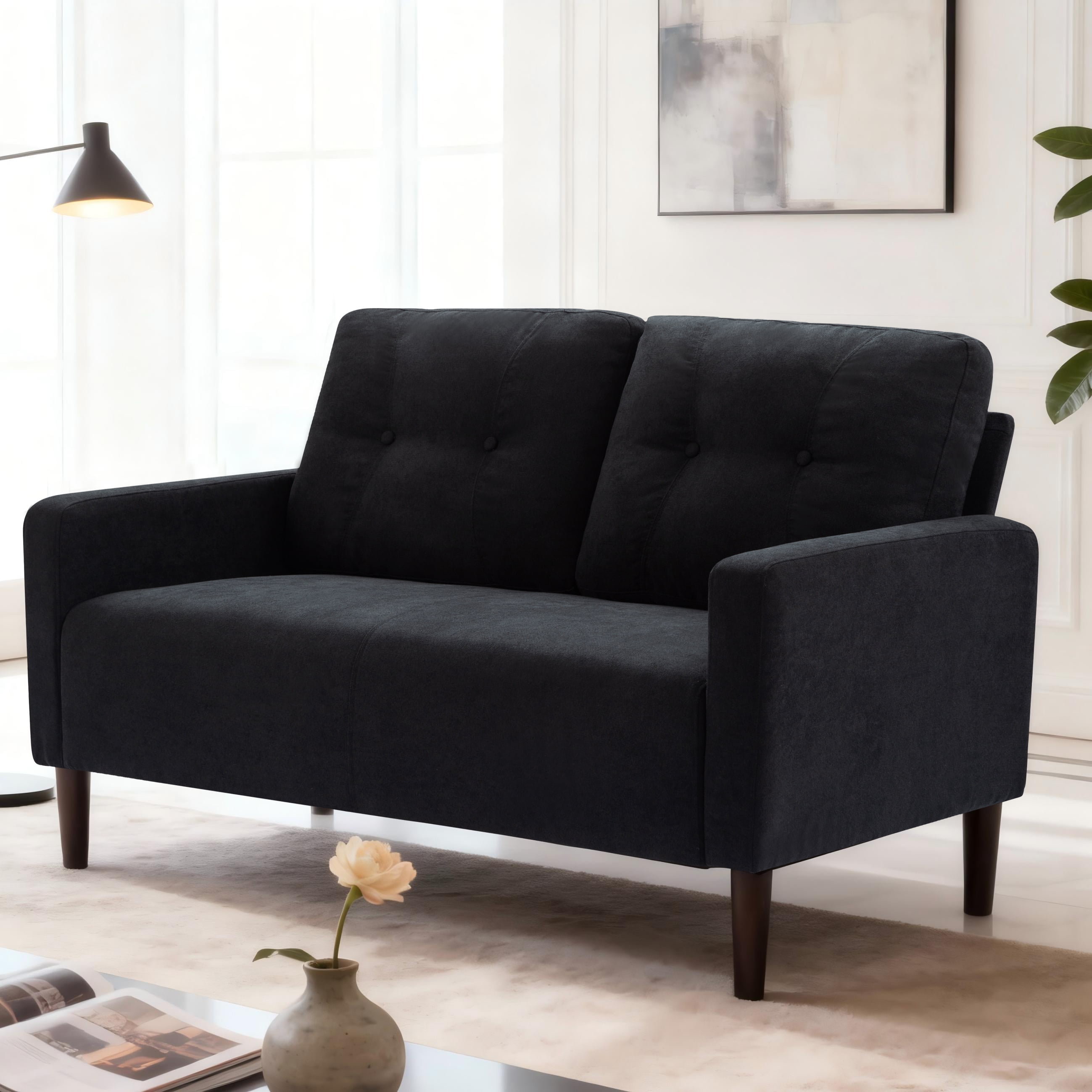 BSHTI 51.2" Modern Loveseat for Small Spaces, Linen Bled Upholstery, Ergonomic Loveseat with Removable Cushions & Solid Wood Legs, Black