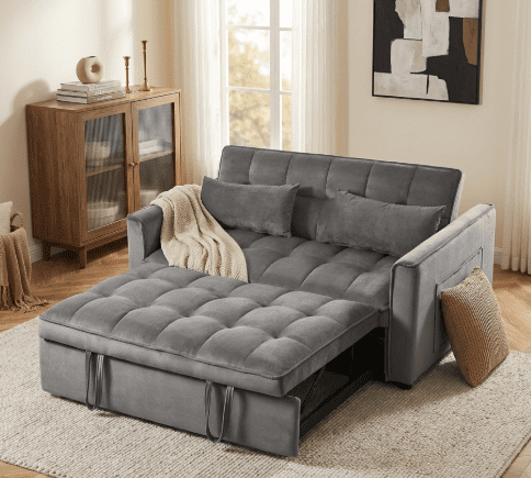 BSHTI 3 in 1 Modern Velvet Loveseat Sofa Bed-3-Position Adjustable Convertible Sleeper, Side Storage Pockets, Square Tufted, Easy Assembly, for Small Space Apartment,Medium Gray