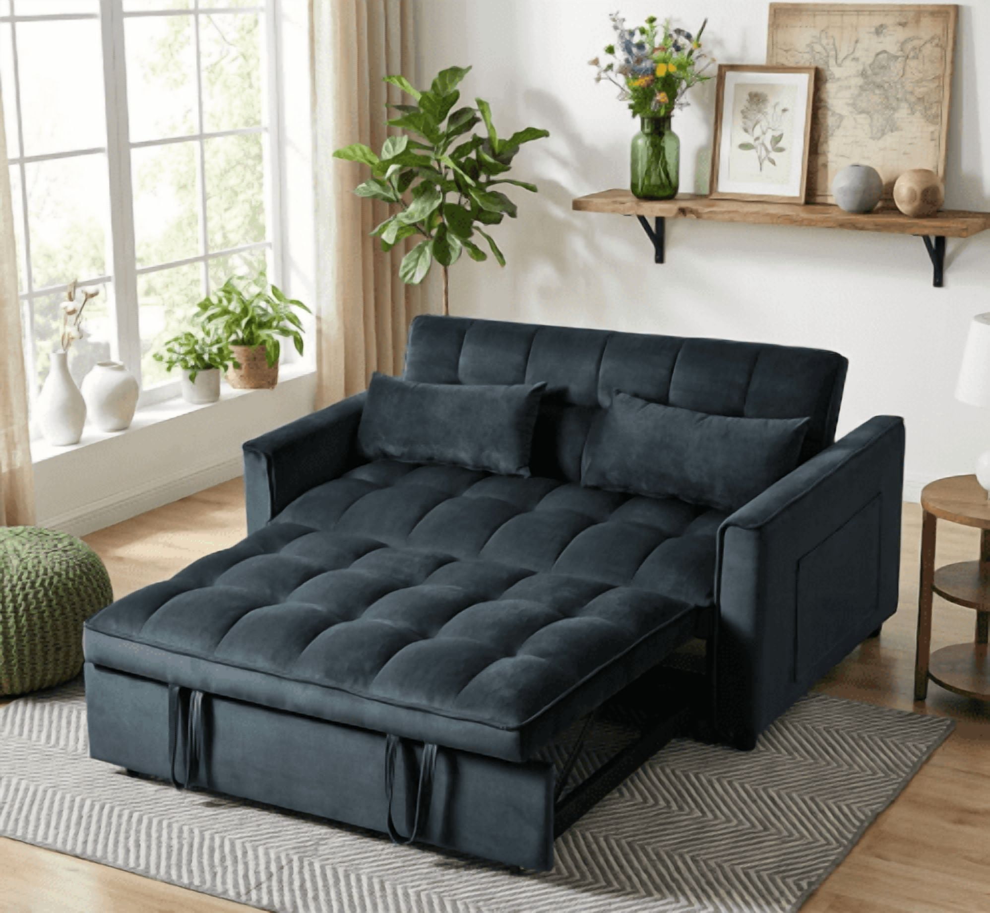 BSHTI 3 in 1 Modern Velvet Loveseat Sofa Bed-3-Position Adjustable Convertible Sleeper, Side Storage Pockets, Square Tufted, Easy Assembly, for Small Space Apartment,Black