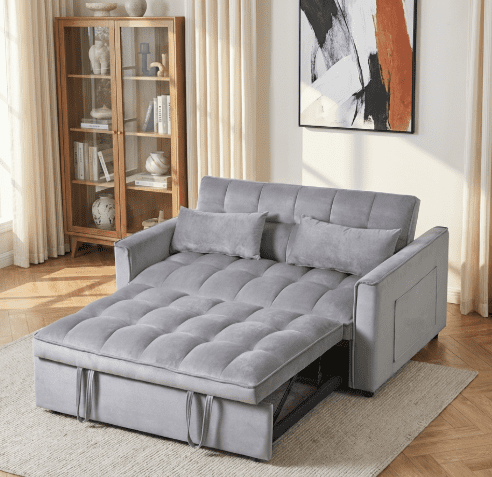 BSHTI 3 in 1 Modern Velvet Loveseat Sofa Bed-3-Position Adjustable Convertible Sleeper, Side Storage Pockets, Square Tufted, Easy Assembly, for Small Space Apartment,Silver Gray