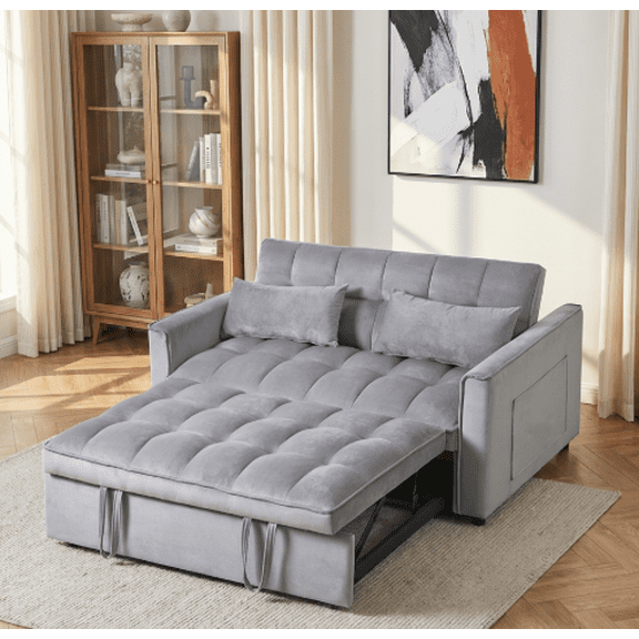 BSHTI 52.75 inch Modern Sofa Sleeper, Futon Sofa Bed,Twin-Size Sofa Couch with 3 Adjustable Rreclining Angles,Two Matching Pillows,Easy Assembly,Velvet Fabric Loveseat,Silver Gray